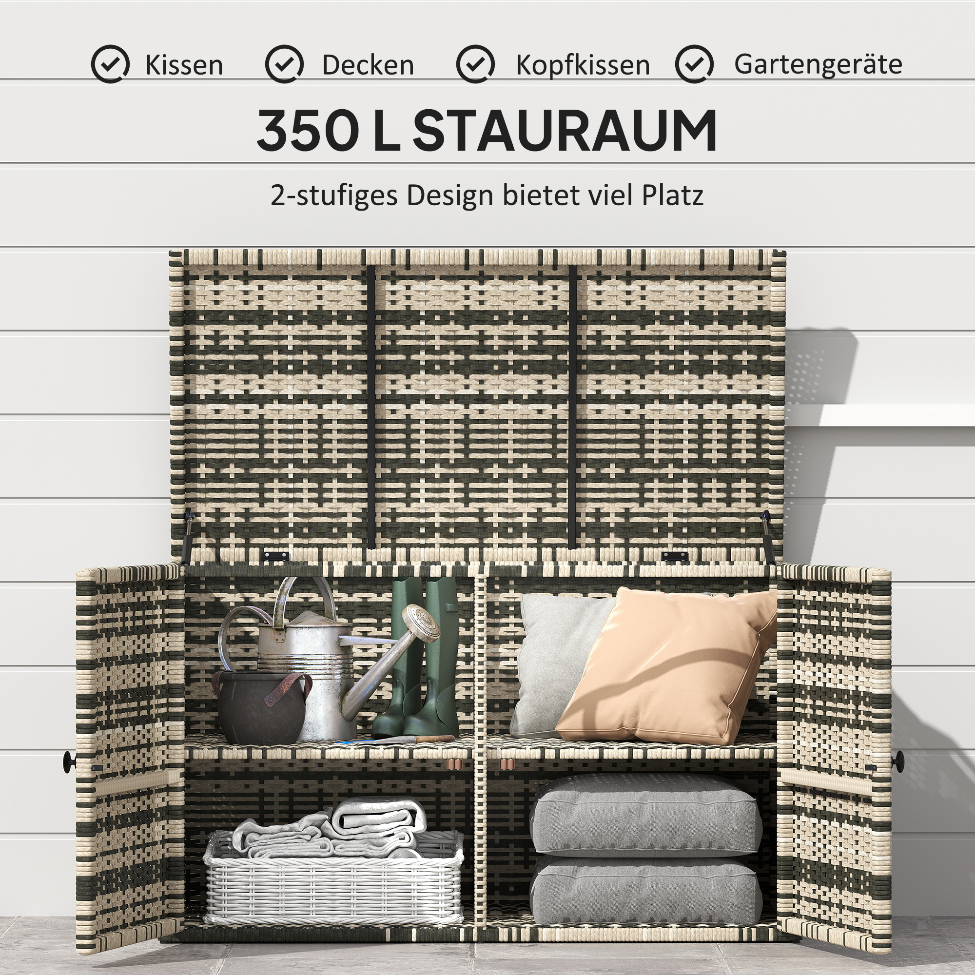 Rattan Auflagenbox 350L 2-Ebenne Kissenbox mit Deckel Hebestangen Tragegriffe 118 x 57 x 69 cm Mischgrau