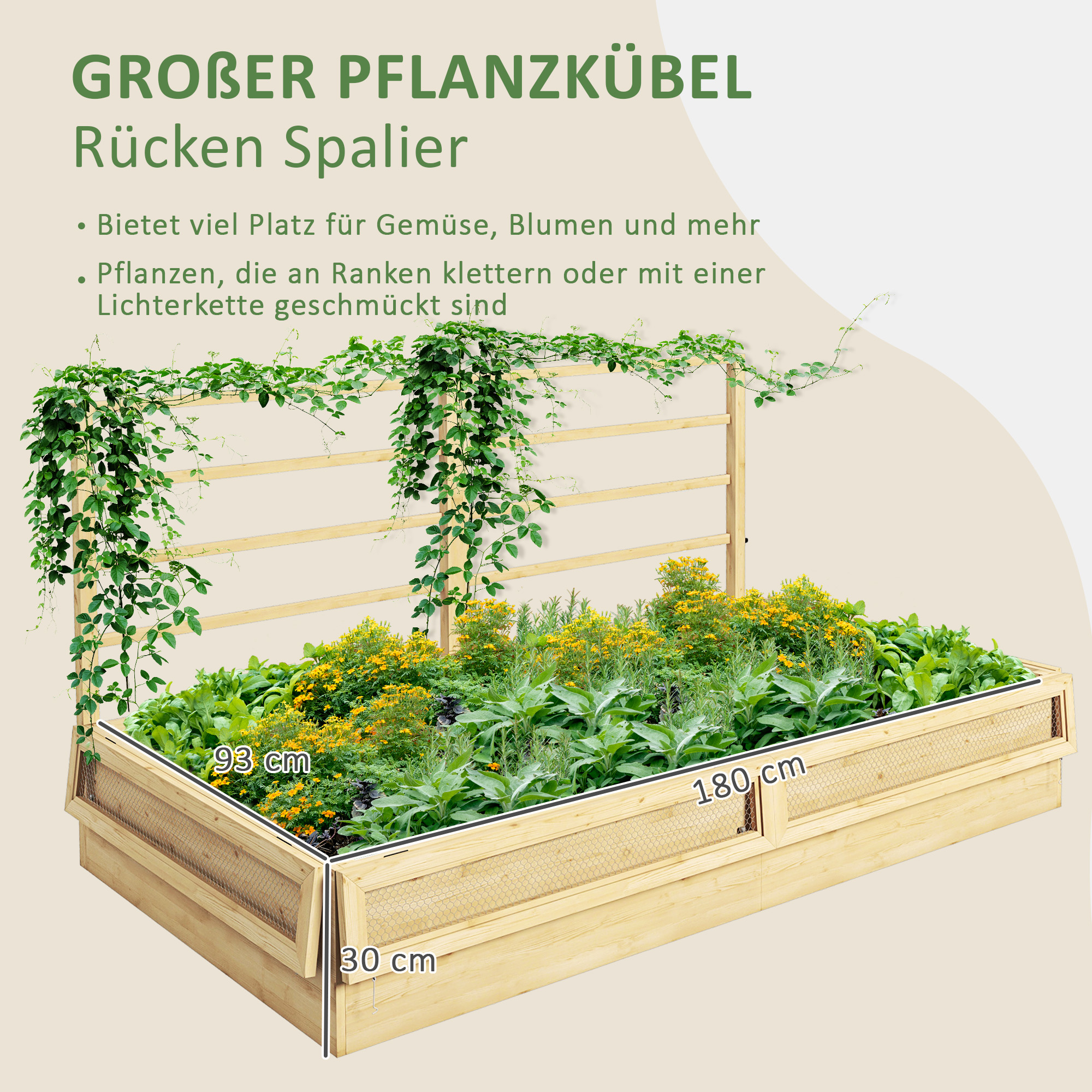 Hochbeet Pflanzkasten Kräuterbeet, wetterbeständig, 1 Spalier, 183 x 98,5 x 95 cm, Natur