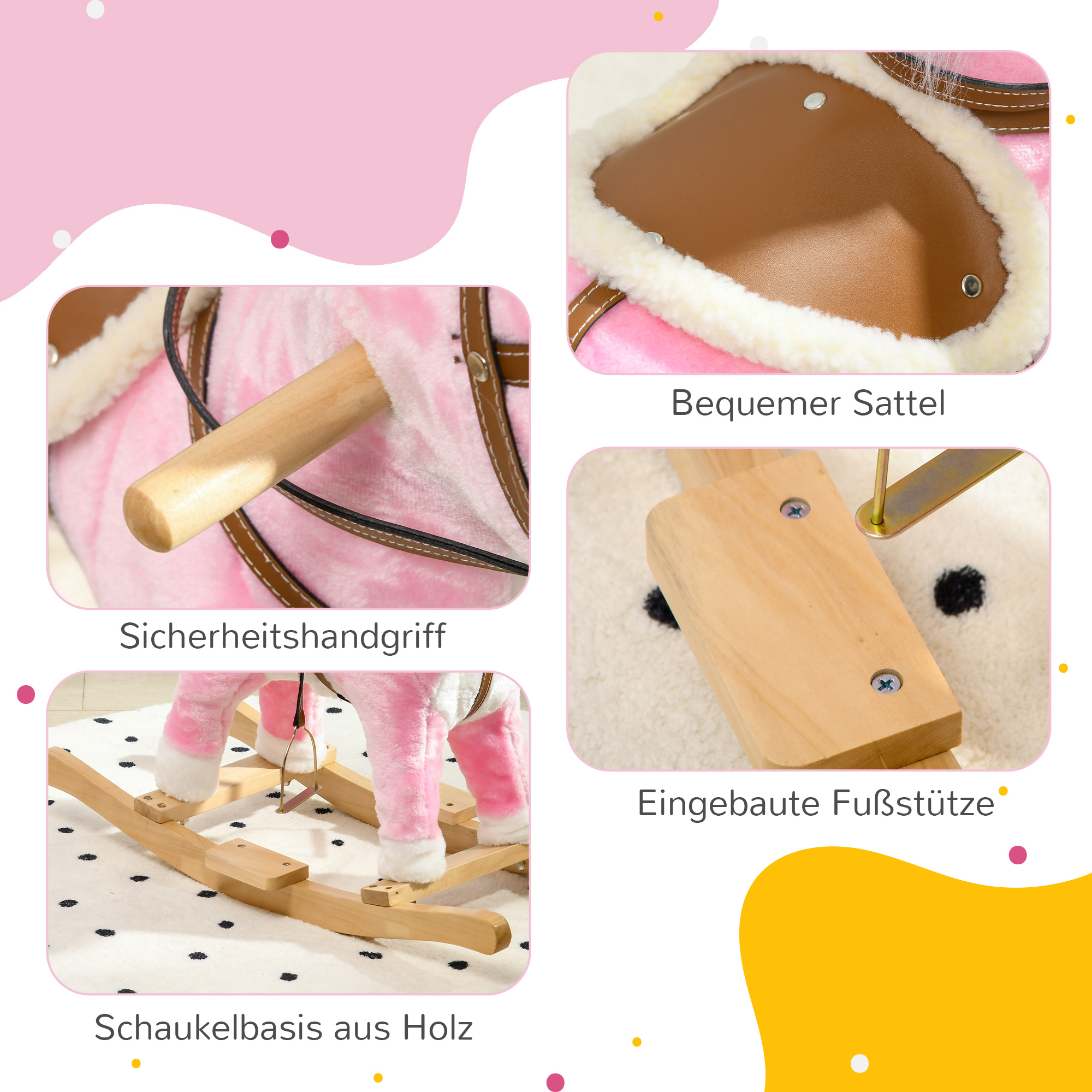 Schaukelpferd, Sattel mit Steigbügeln, Soundeffekte, Musik, Plüschkörper, Metallrahmen, bis 30 kg, pink