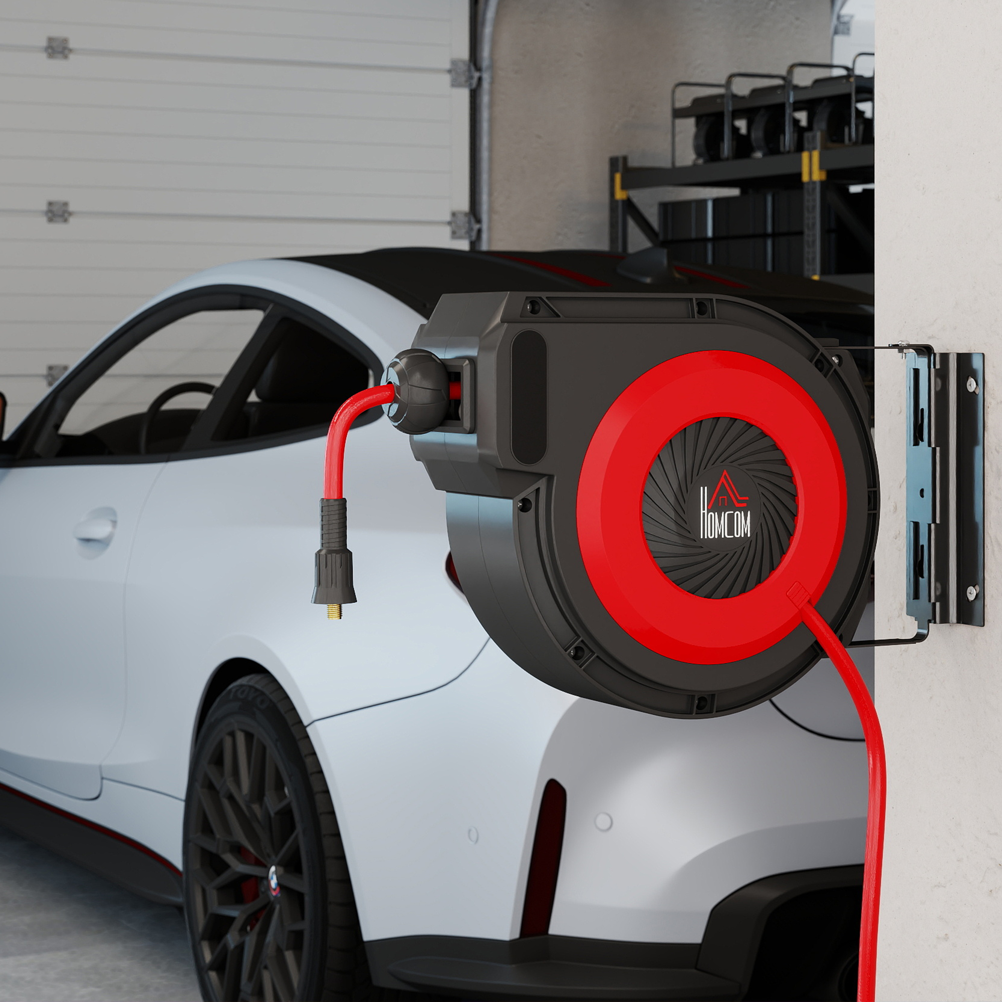 Schlauchtrommel mit Einzugs-Mechanismus, 16,5 m langer Schlauch, Wandmontage, Rot+Schwarz