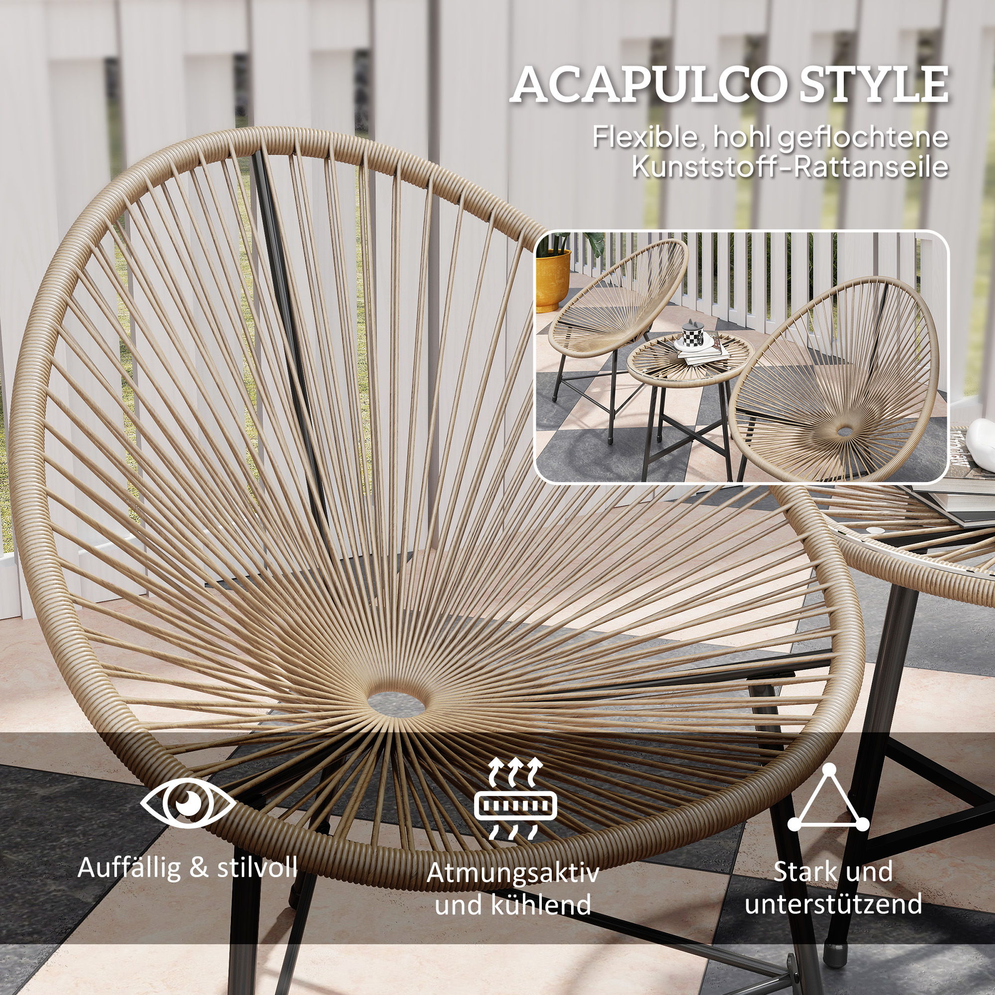 3-teiliges Gartenmöbel-Set, 2 Kunststoffrattan-Stühle, 1 Tisch mit Glasplatte, Stahlrahmen, Outdoor-Sitzmöbel, Hellbraun