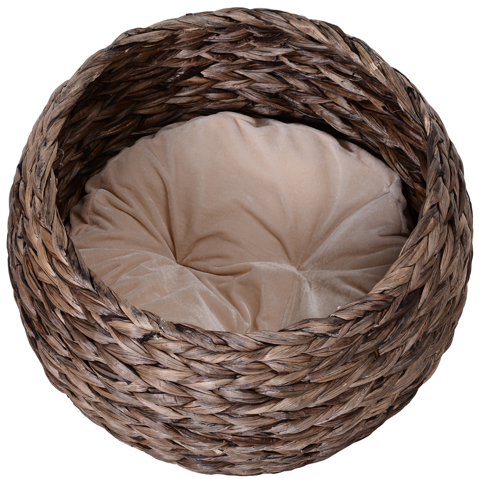 Katzenkorb aus Wasserhyazinthe inkl. Kissen, Katzenbett, Haustierbett,50 cm x 42 cm x 60 cm, Braun + Beige
