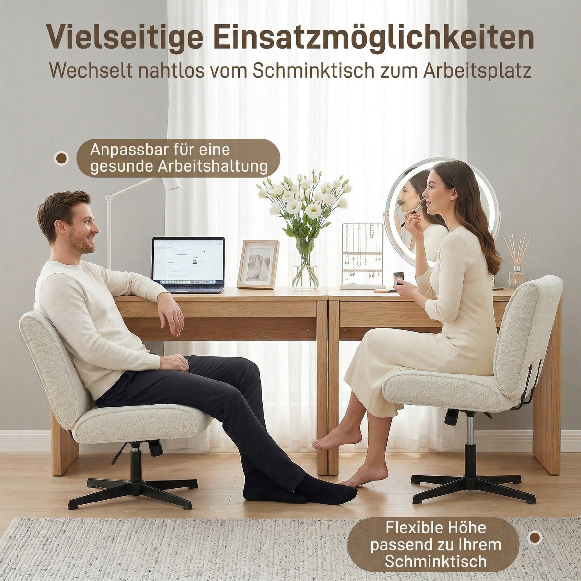 Drehbarer Akzentstuhl, Samtgepolsterter Lounge-Sessel mit Höhenverstellung für Wohnzimmer, Büro, Cremeweiß
