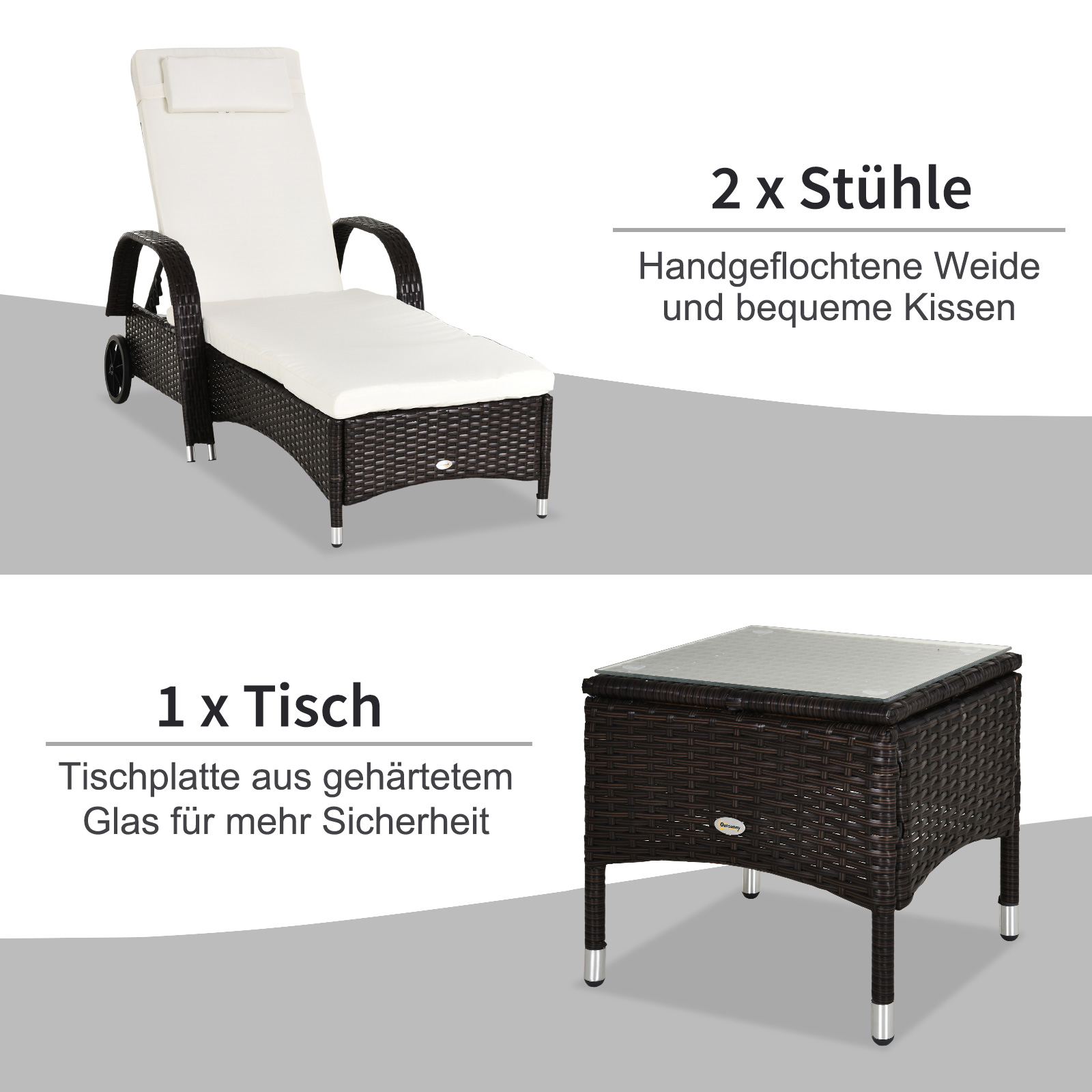 3er-Sonnenliegen-Set, 2x Gartenliege mit Beistelltisch, inkl. Liegeauflagen, Polyrattan, Braun+Cremeweiß