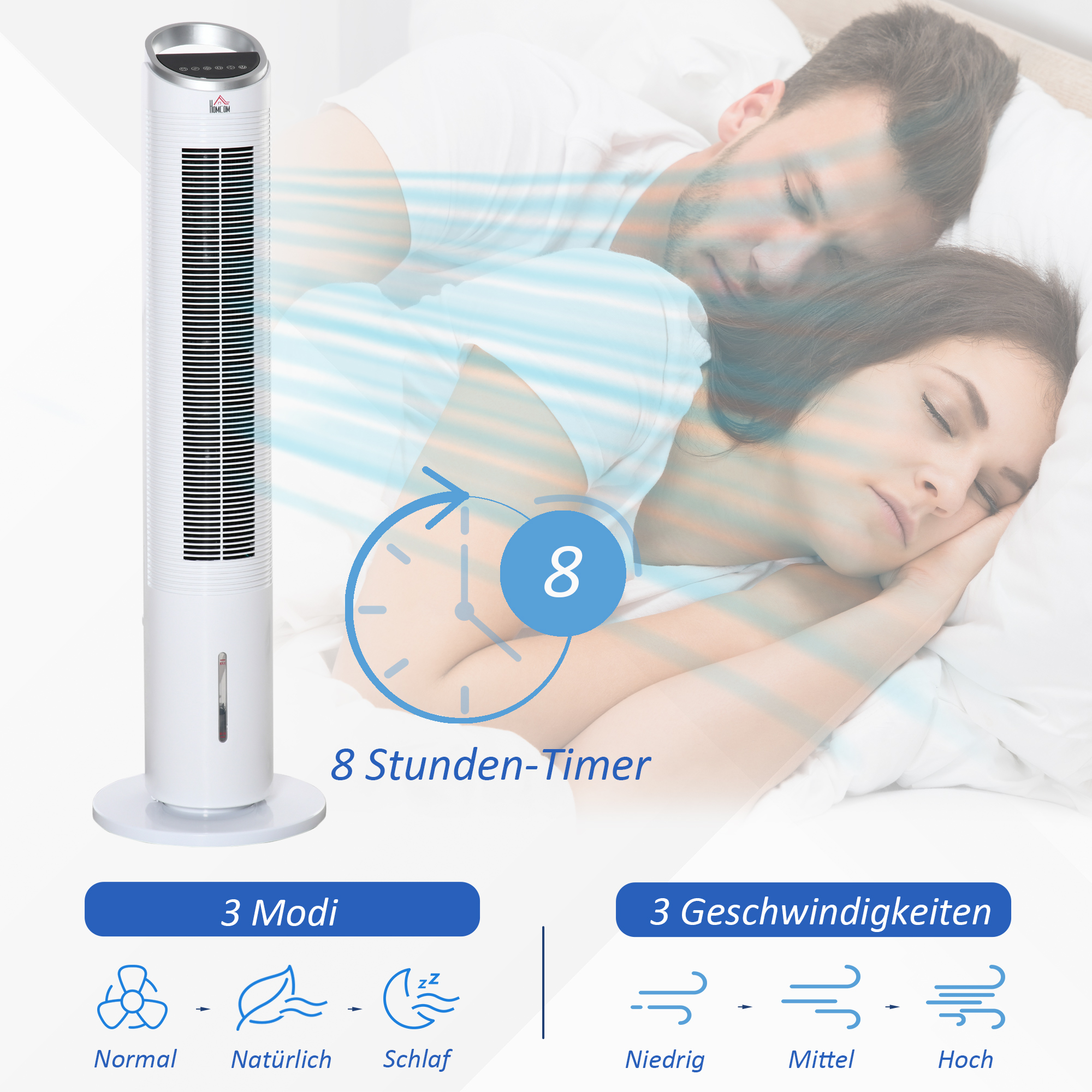 Turmventilator mit Wasserkühlung und Fernbedienung 60W 20? 30 cm x 30 cm x 100,8 cm 3 Modi Weiß