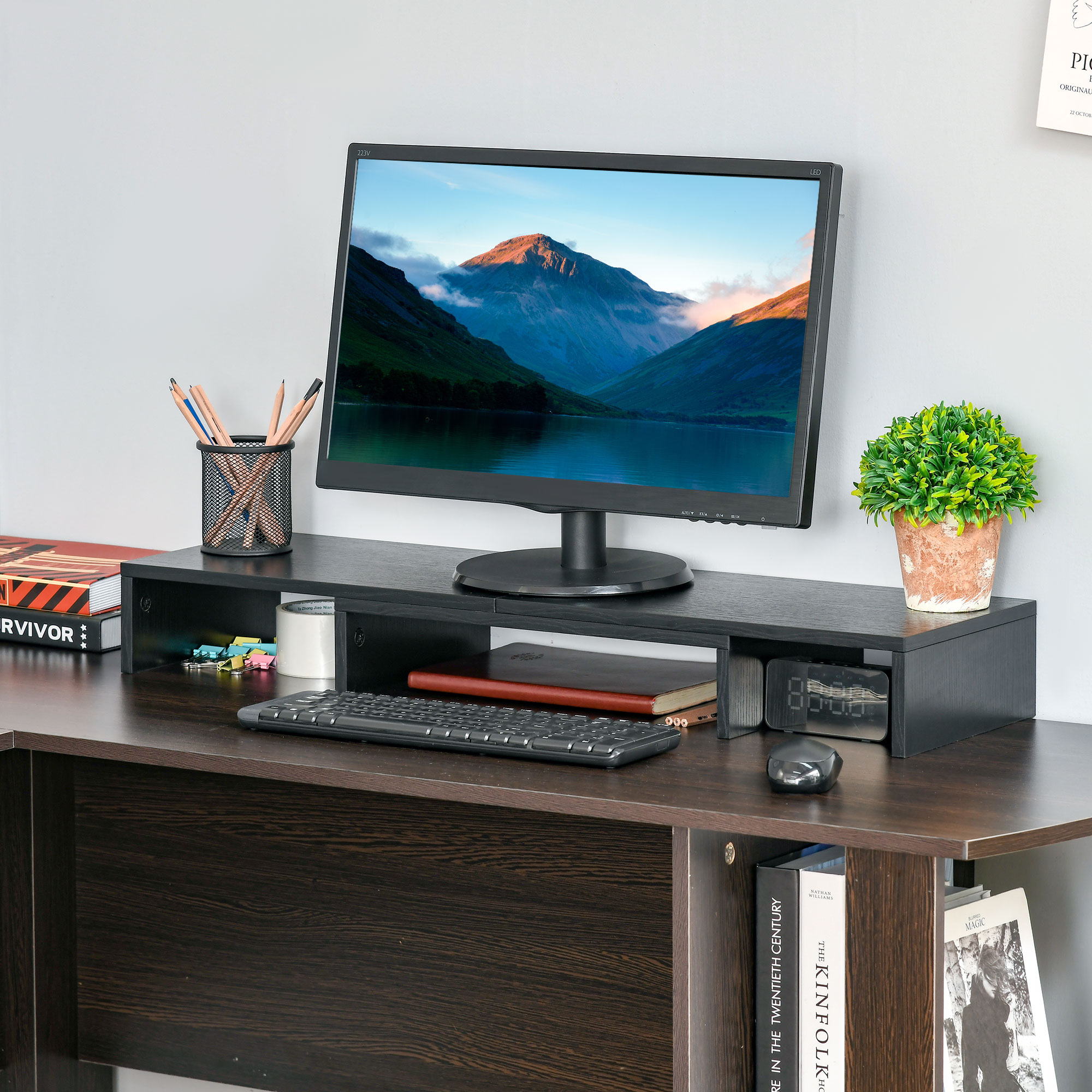 Monitorständer Monitor Stand Dual Bildschirmerhöhung Verstellbare Länge und Schwenkwinkel Bildschirmständer für PC Notebook Laptop Drucker 80-117 x 23,5 x 10 cm Schwarz