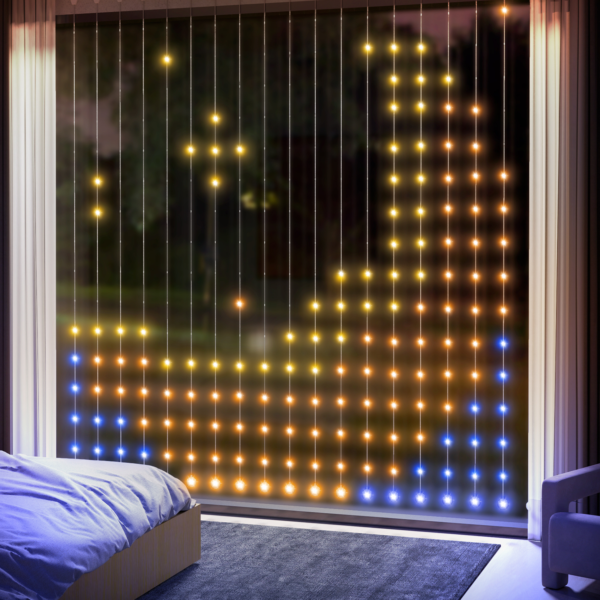 Vorhang mit 400 LED-Lichtern, Dynamische Lichterketten mit Musiksynchronisation für Schlafzimmer, Wohnzimmer, 3 x 3 m