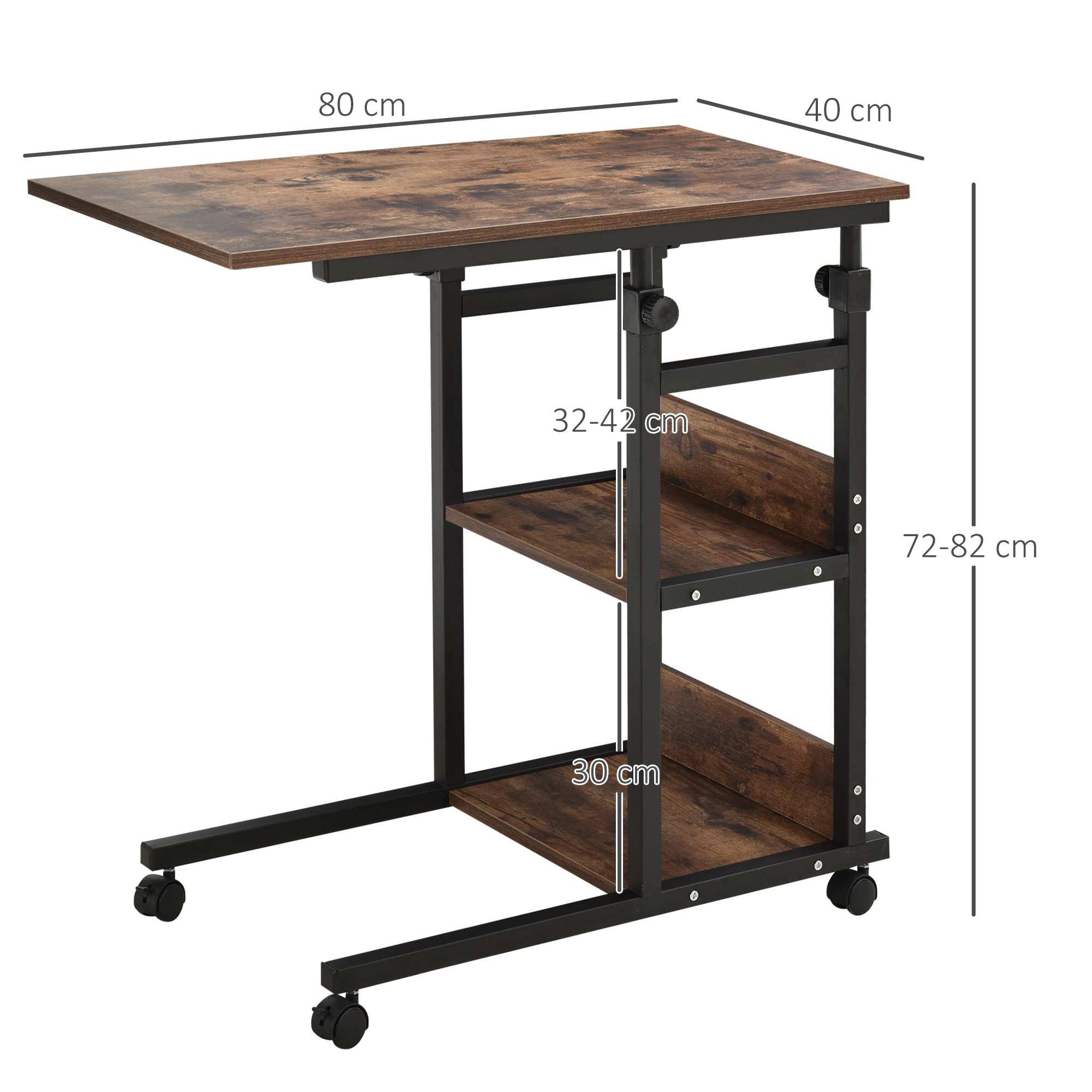 Beistelltisch mit Rollen, höhenverstellbar, kompakt, 2 Ablageböden, Metallrahmen, 80x40x72-82 cm, Braun/Schwarz