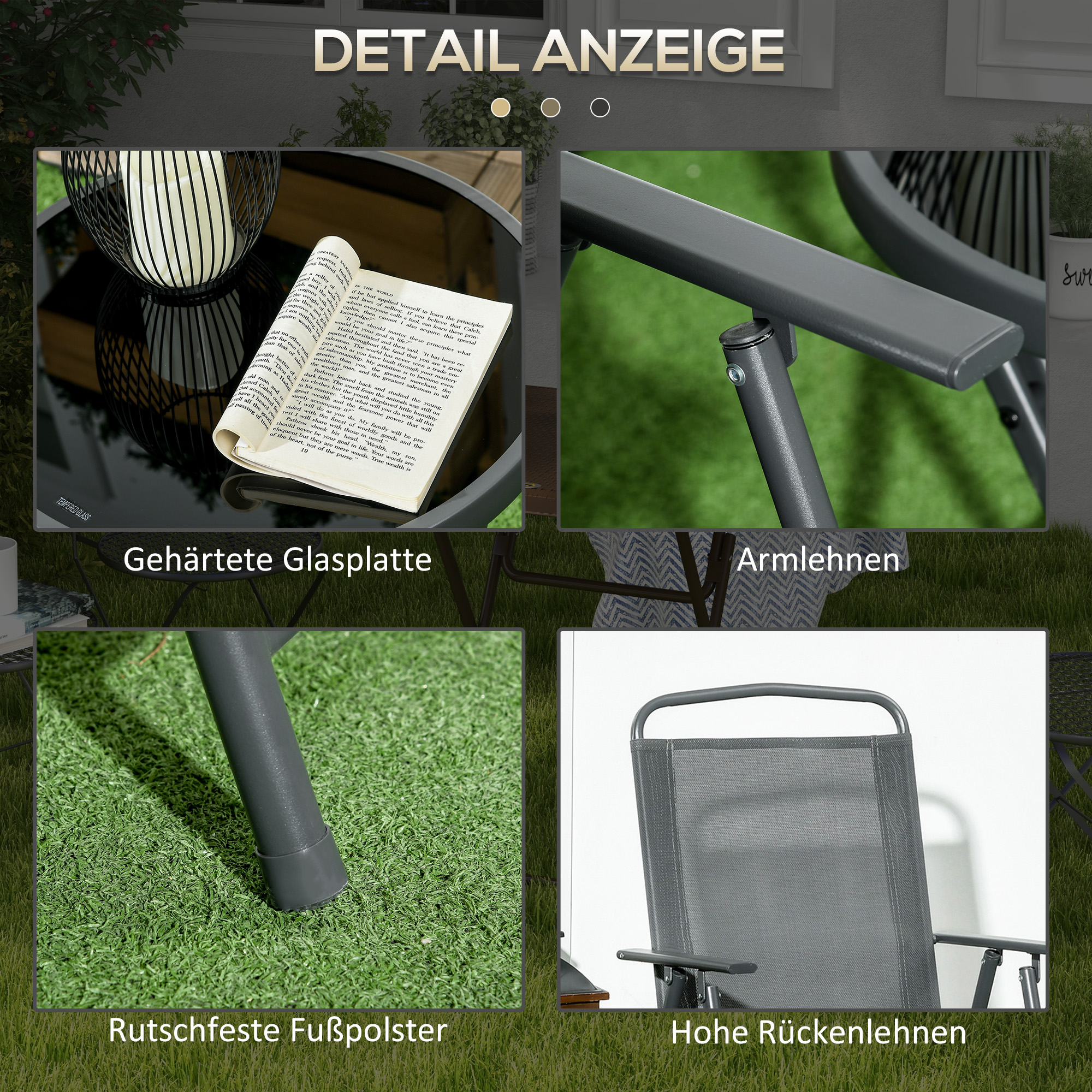 Bistro-Set 3-teilig aus Metall Wetterfest Gartenmöbel Set mit klappbar Glastisch Gartenstühlen Dunkelgrau