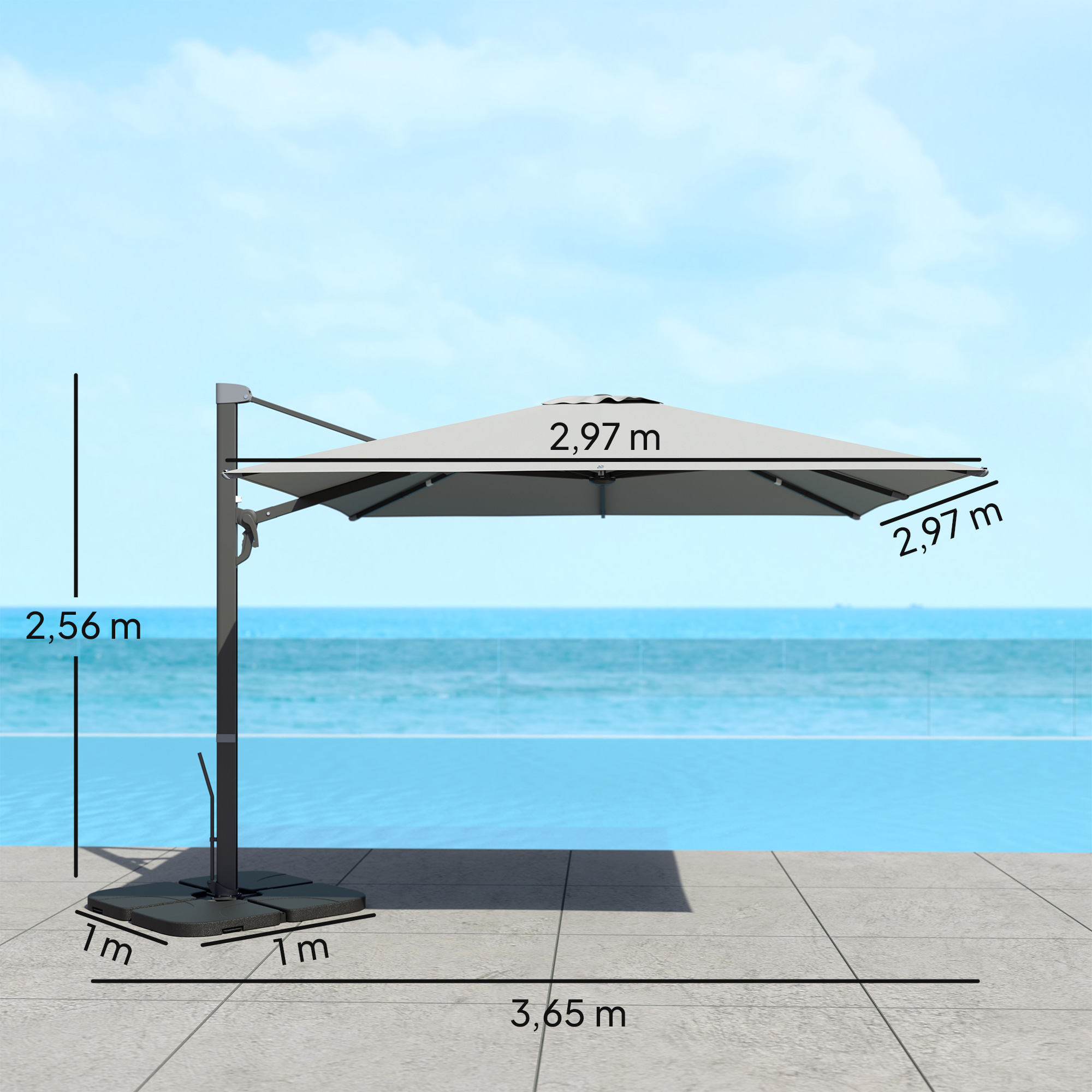 Alu Ampelschirm 3 x 3 m 360° drehbar Sonnenschirm mit Kurbel Ständer Windschutz Hellgrau