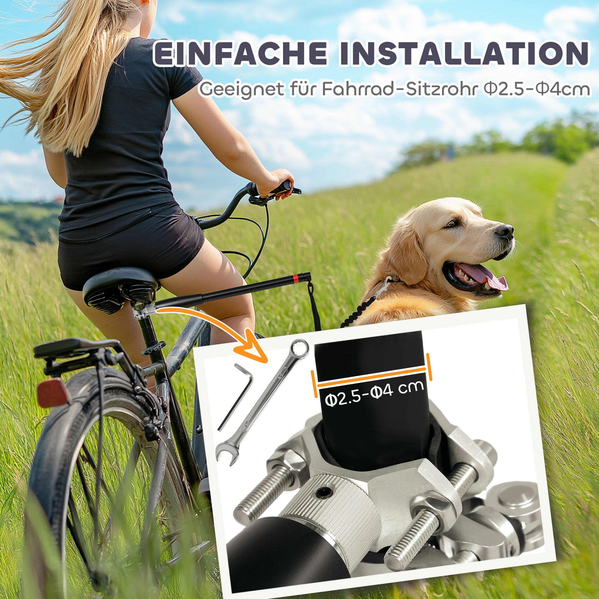 Hundeleine fürs Fahrrad, elastisches Seil, Stahlrohr, 124 cm, Schwarz