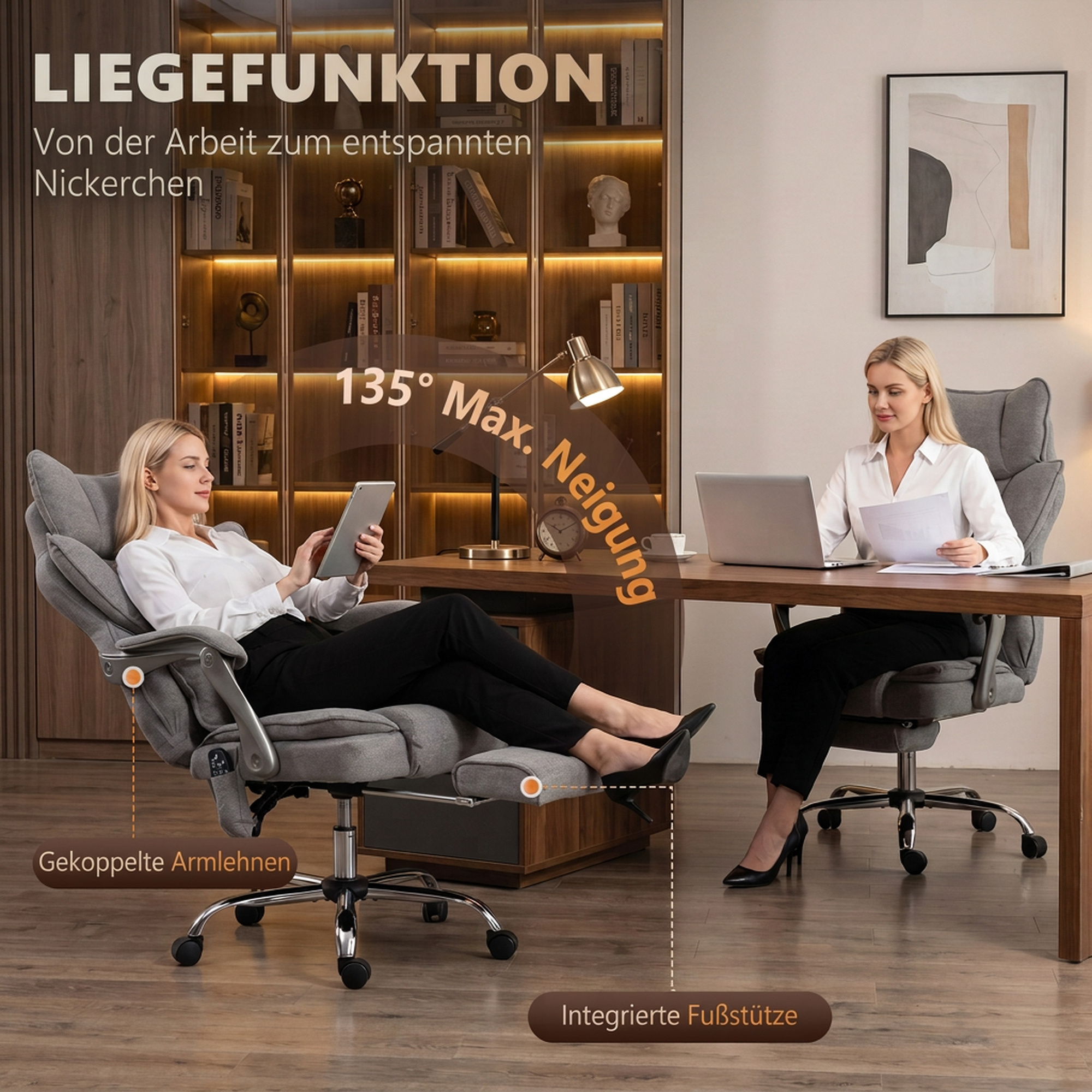 Bürostuhl mit Massage- und Wärmefunktion, bis 180 kg, verstellbar, in Leinenoptik, Lendenstütze, breiter Sitz, grau