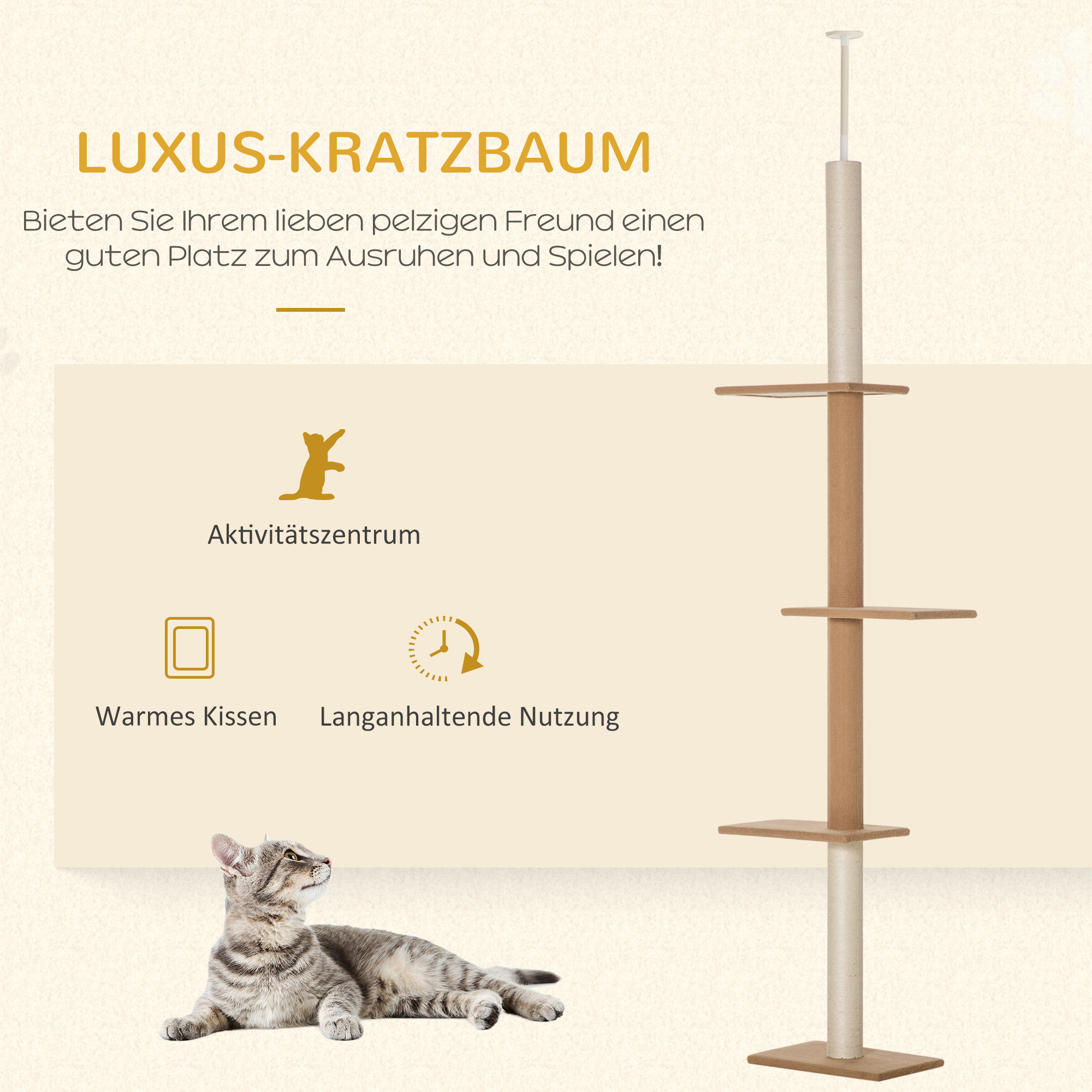 Kratzbaum Deckenhoch, 228-260 cm Höhenverstellbarer Katzenbaum Kletterbaum für Katzen mit 3 Ebenen, Katzenkratzbaum, Spielbaum vom Boden bis zur Decke Khaki