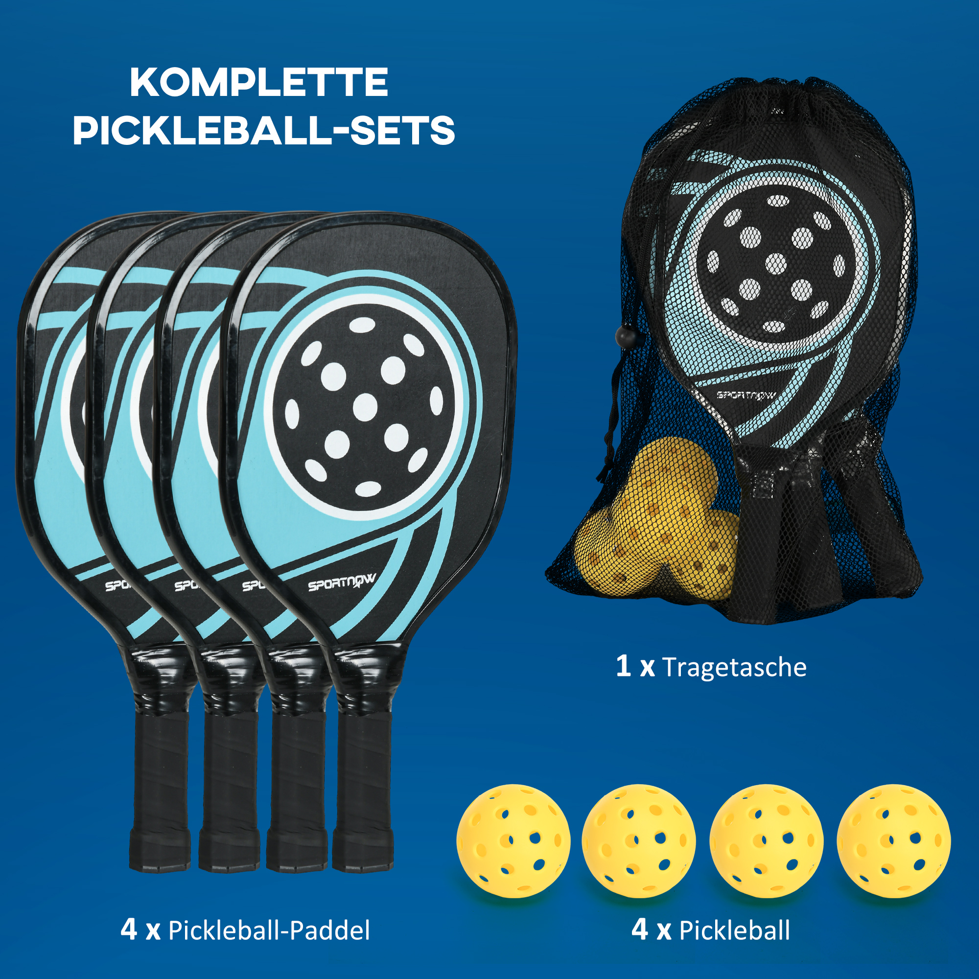 Pickleball-Set mit 4 Schlägern, 4 Bällen, Tragetasche, leicht und robust, Blau+Schwarz