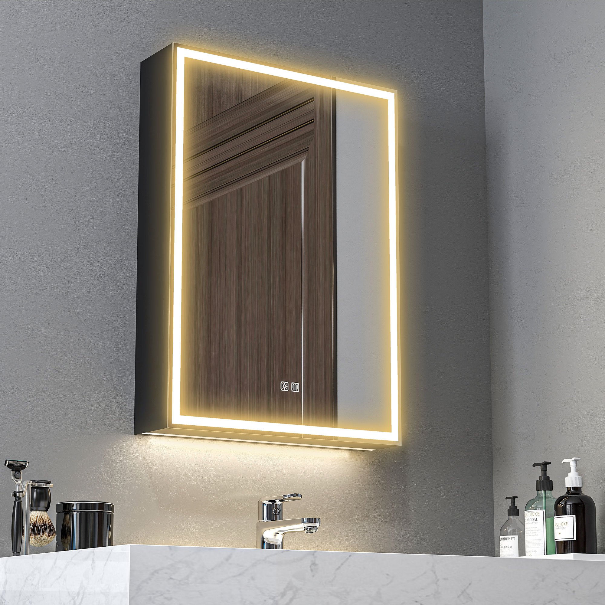 Spiegelschrank, Badschrank mit LED, 50 x 70 cm, dimmbar, Anti-Beschlag, Schwarz