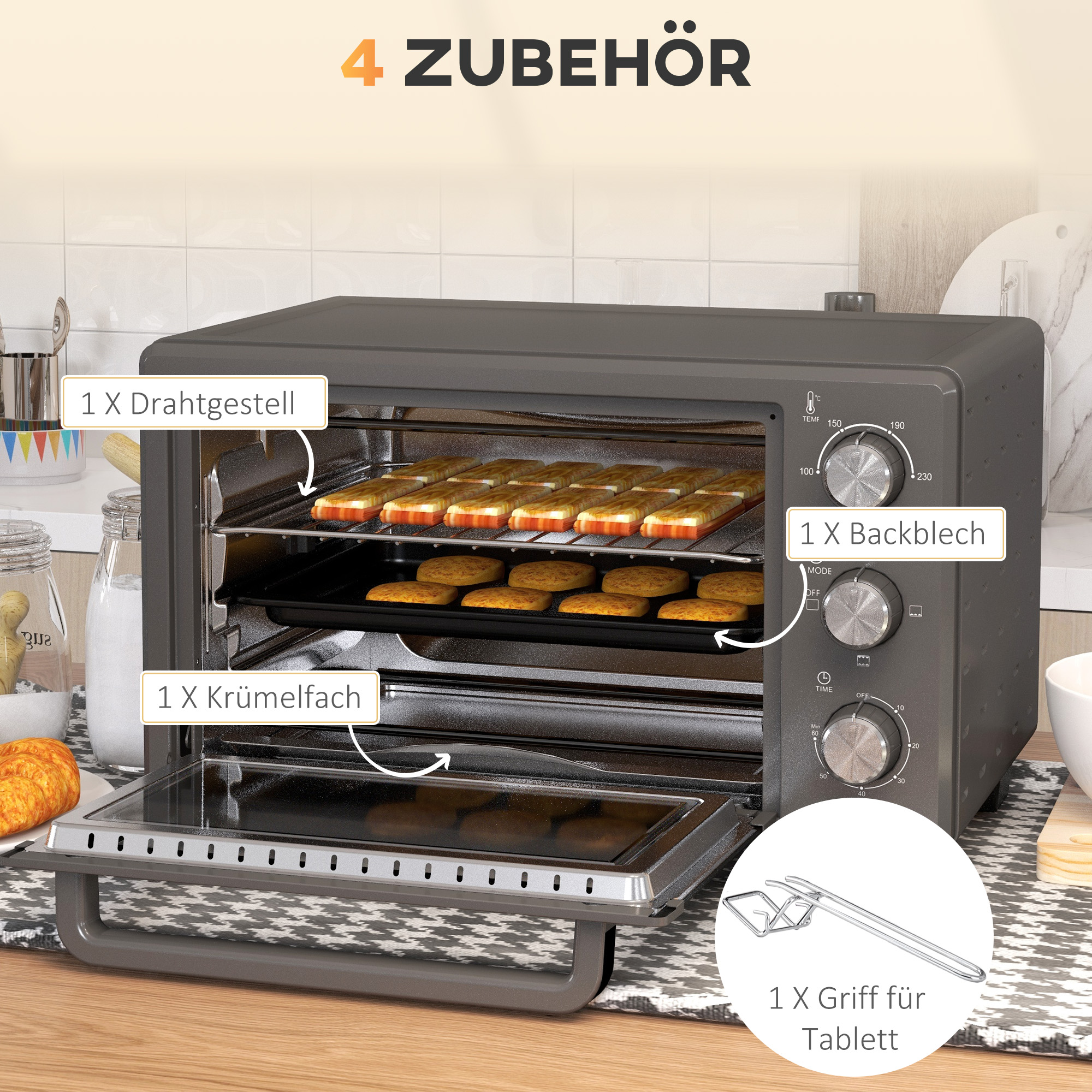 Minibackofen, 21 L Toasterofen mit 1 Drahtgestell und 1 Backblech, 3 Kochmodi, 100 °C-230 °C, Edelstahl, Glas, Grau