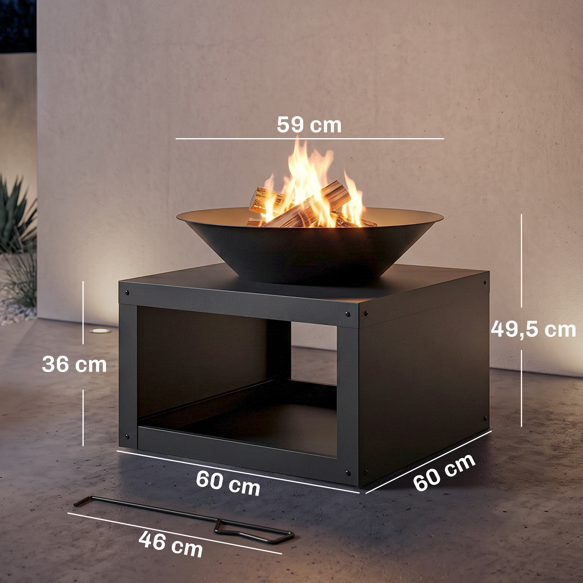 Feuerschale Ø59 cm Feuerstelle mit Holzablage, Schürhaken, Holz & Kohle nutzbar, Rund Schwarz