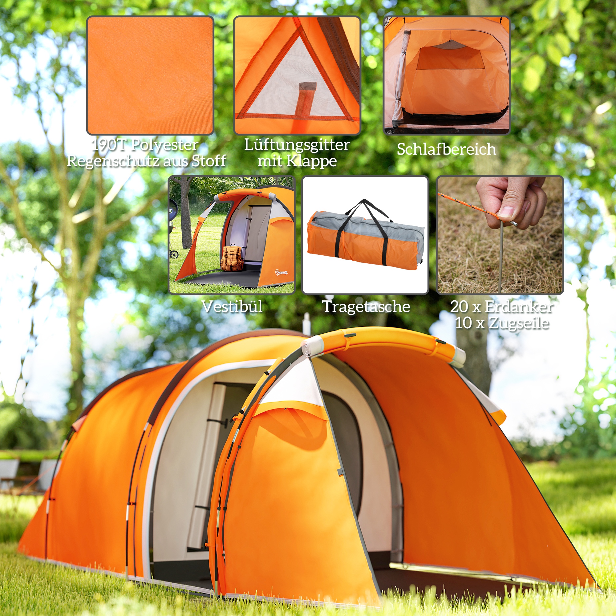 Tunnelzelt für 2-3 Personen, Campingzelt mit Vorraum Lampenhaken 2000mm Wassersäule Orange