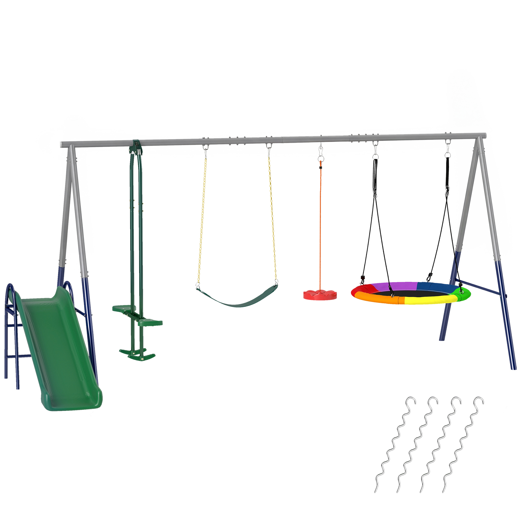 5 in 1 Schaukelgestell mit Rutsche höhenverstellbar Schaukelgerüst mit Nestschaukel 382x196 x203 cm Mehrfarbig