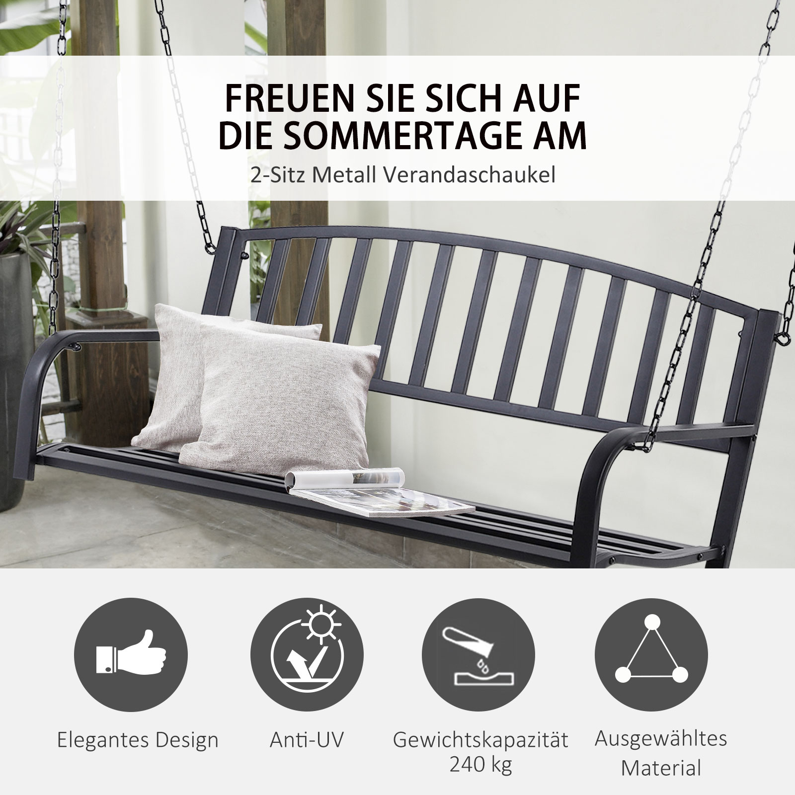 Hängebank 2-Sitzer Gartenschaukel Schaukelbank Hollywoodschaukel Schwebebank mit Ketten Metall Schwarz 127 x 60 x 53 cm