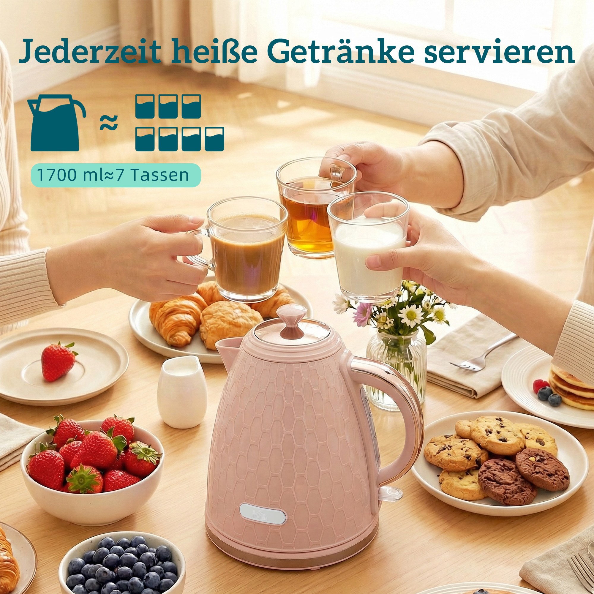 Wasserkocher- und Toaster-Set, 1,7L 2200W Schnellkoch-Wasserkocher mit automatischer Abschaltung und 2-Scheiben-Toaster mit Krümelschublade, Rosa