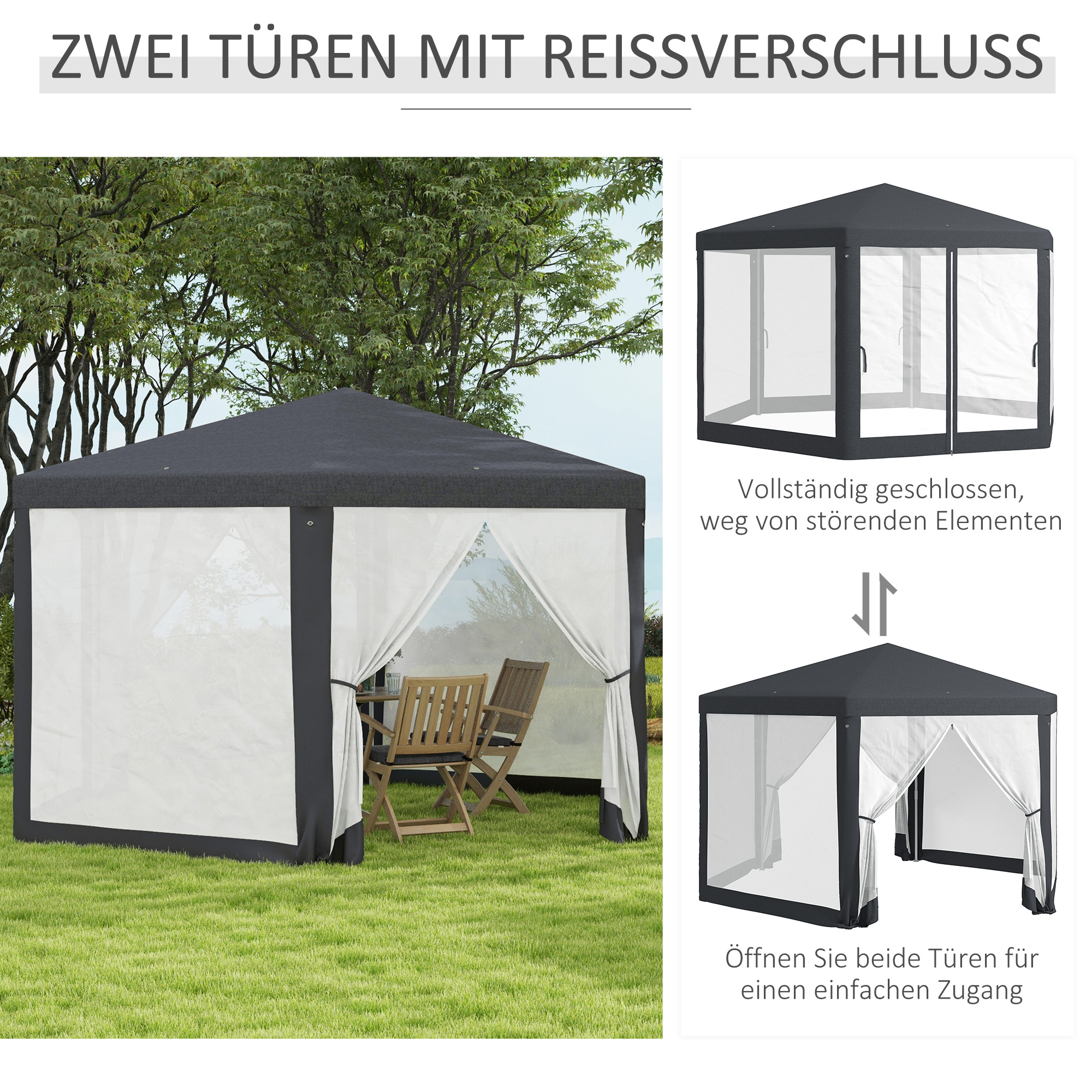 Gartenpavillon, 6-eckig, Netzvorhänge, Metallgestell, 3,94x3,412x2,5m, Dunkelgrau