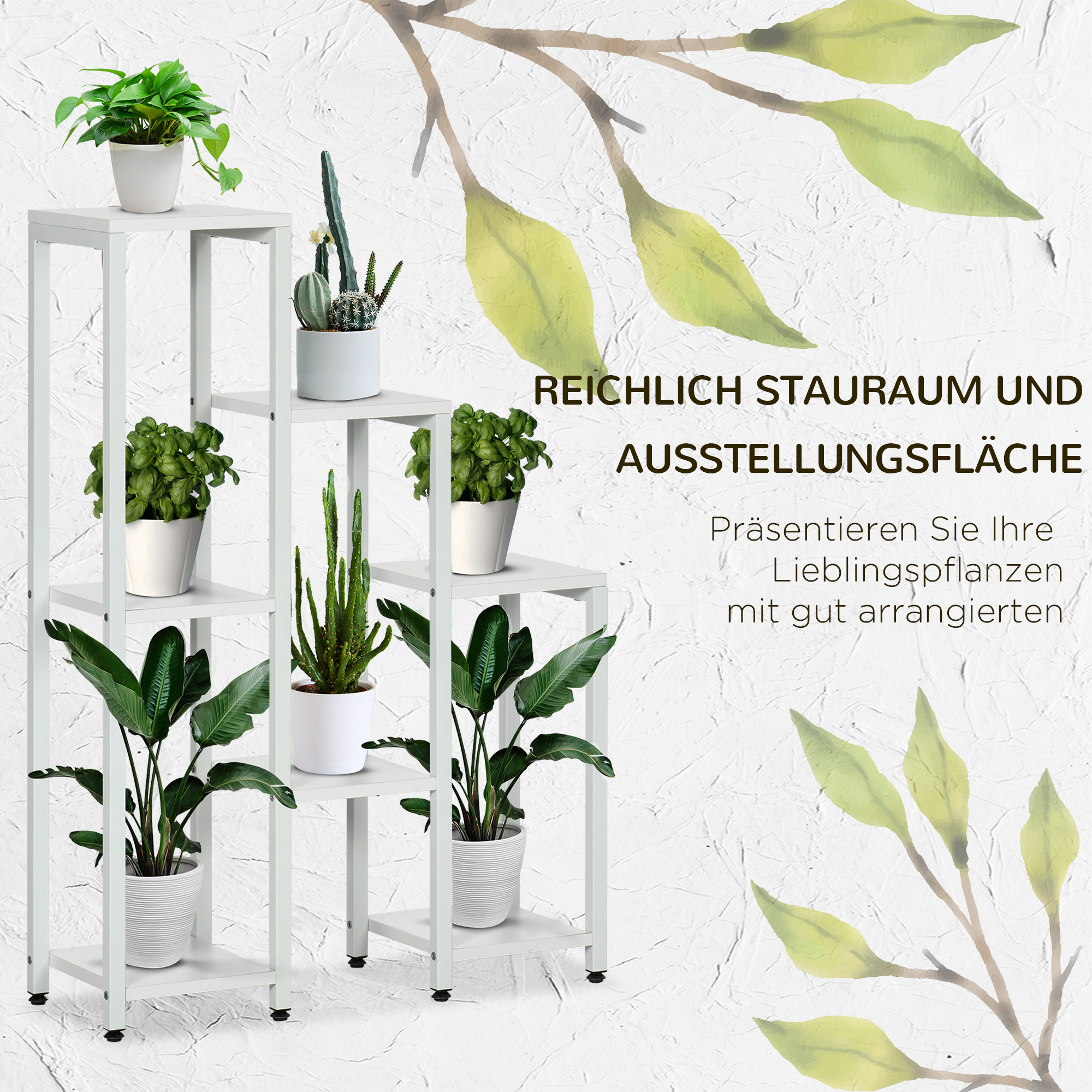 Blumenständer, Pflanzenständer, 7 Ebenen, für Innen- und Außenbereiche, Stahl, weiß, 65 x 23 x 94,5cm