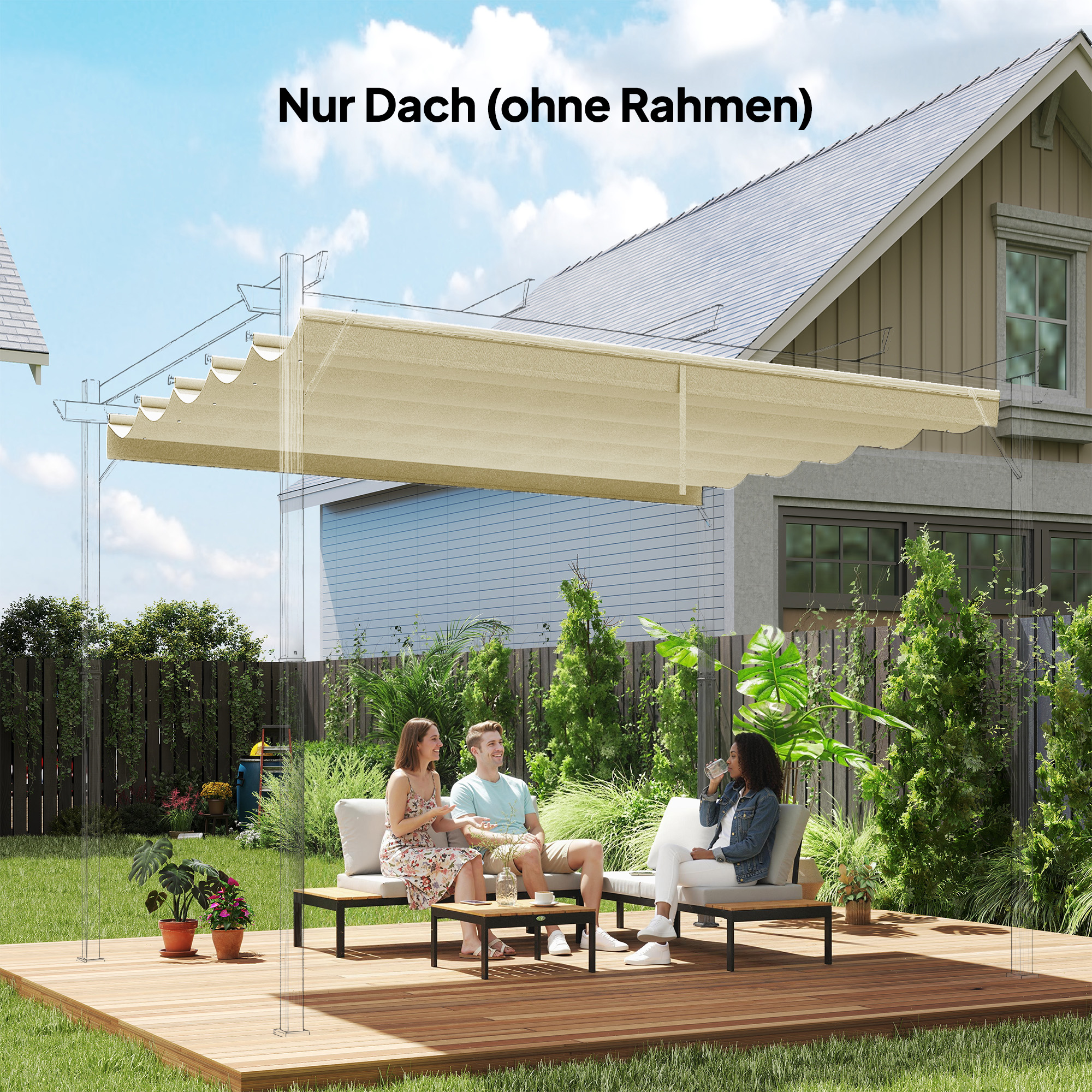 Ersatzdach für 3 x 3 m Pergola, einziehbar, mit Regenabflusslöchern, wetterfest, Polyester, Cremeweiß