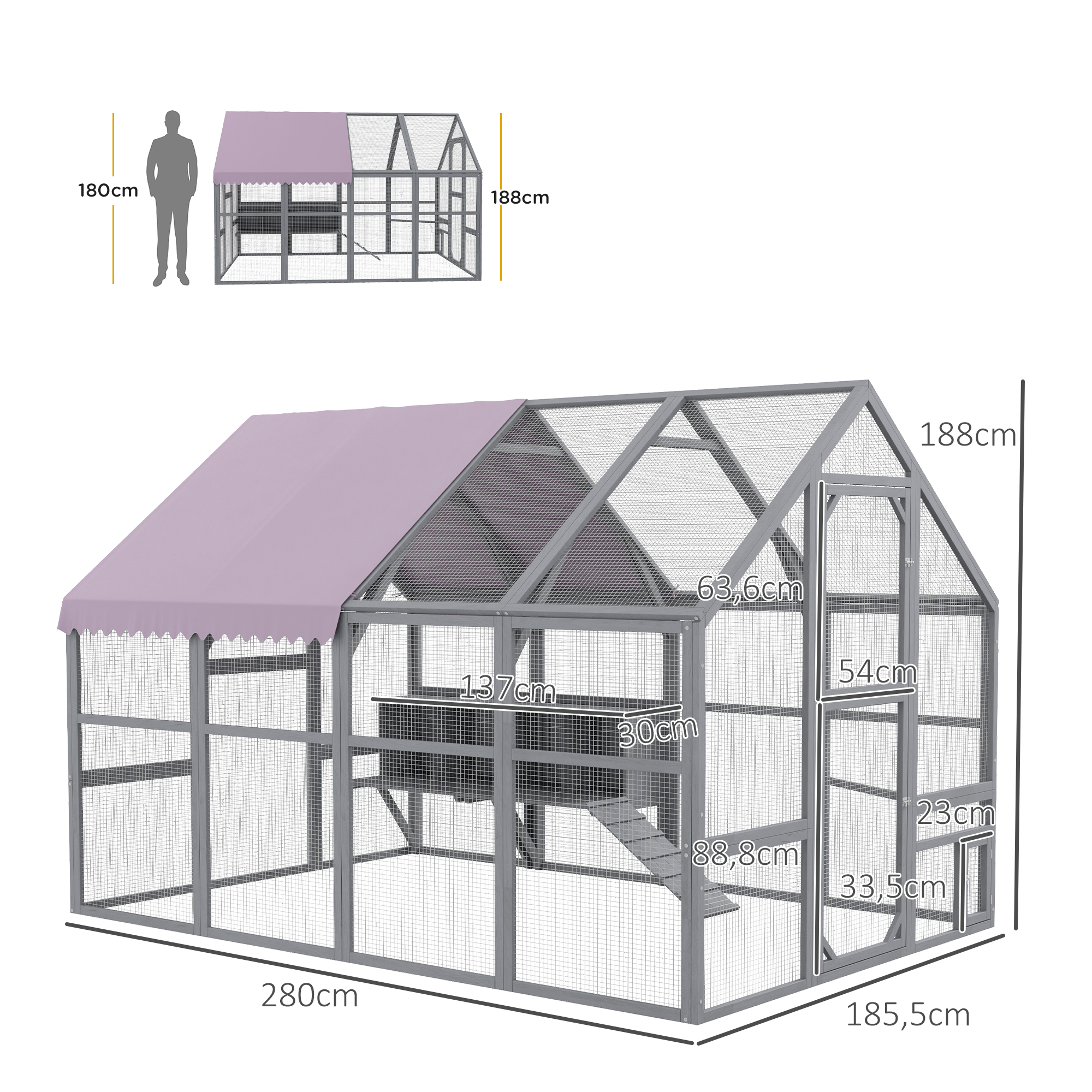 Hühnerstall Hühnerhaus Hühnerhütte, begehbar, wetterbeständig, 280 x 185,5 x 188 cm, Grau