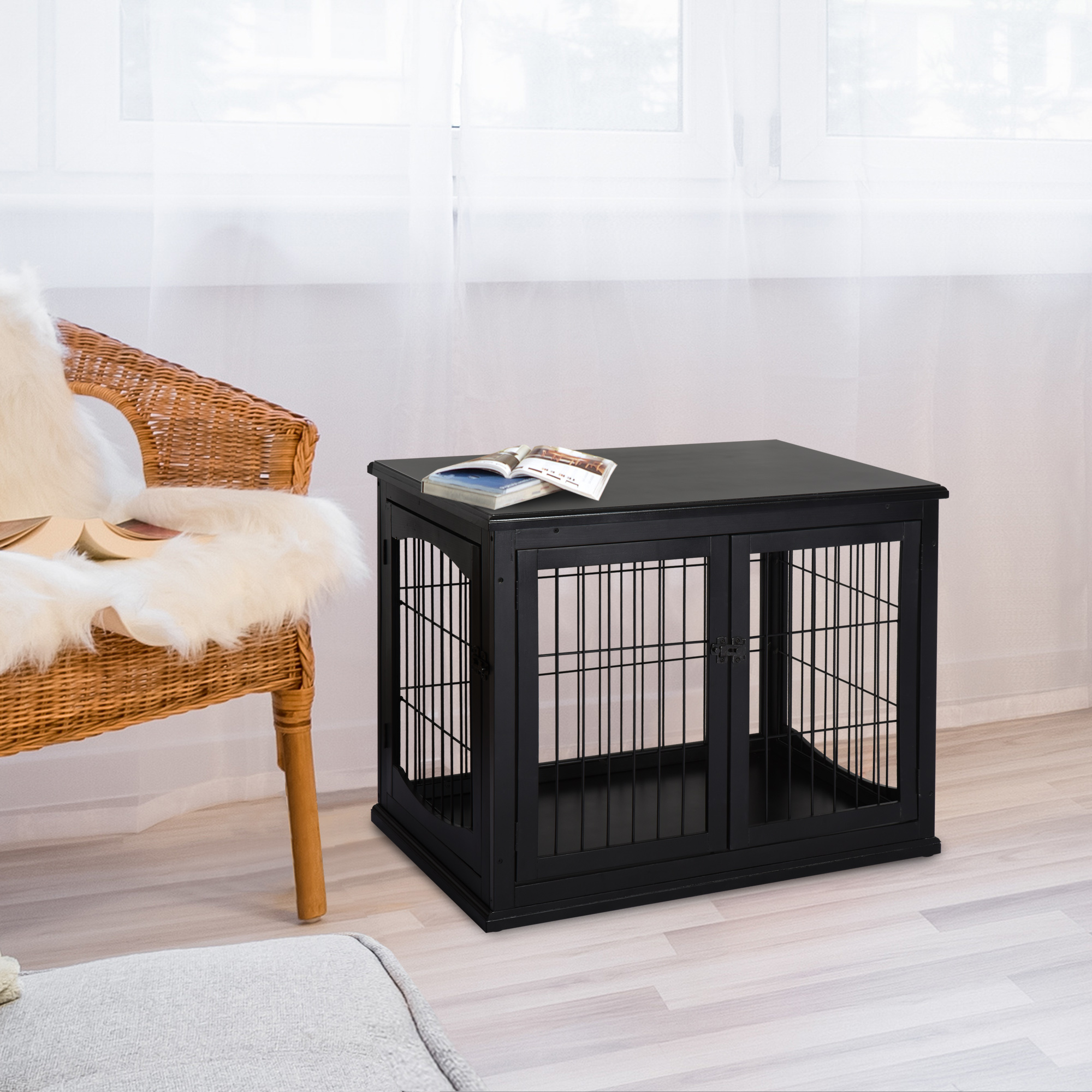Transportbox für Hunde 58,5 cm x 81 cm x 66 cm Türen, MDF-Holz Eisen, 58, 5 cm x 81 cm x 66 cm, Schwarz