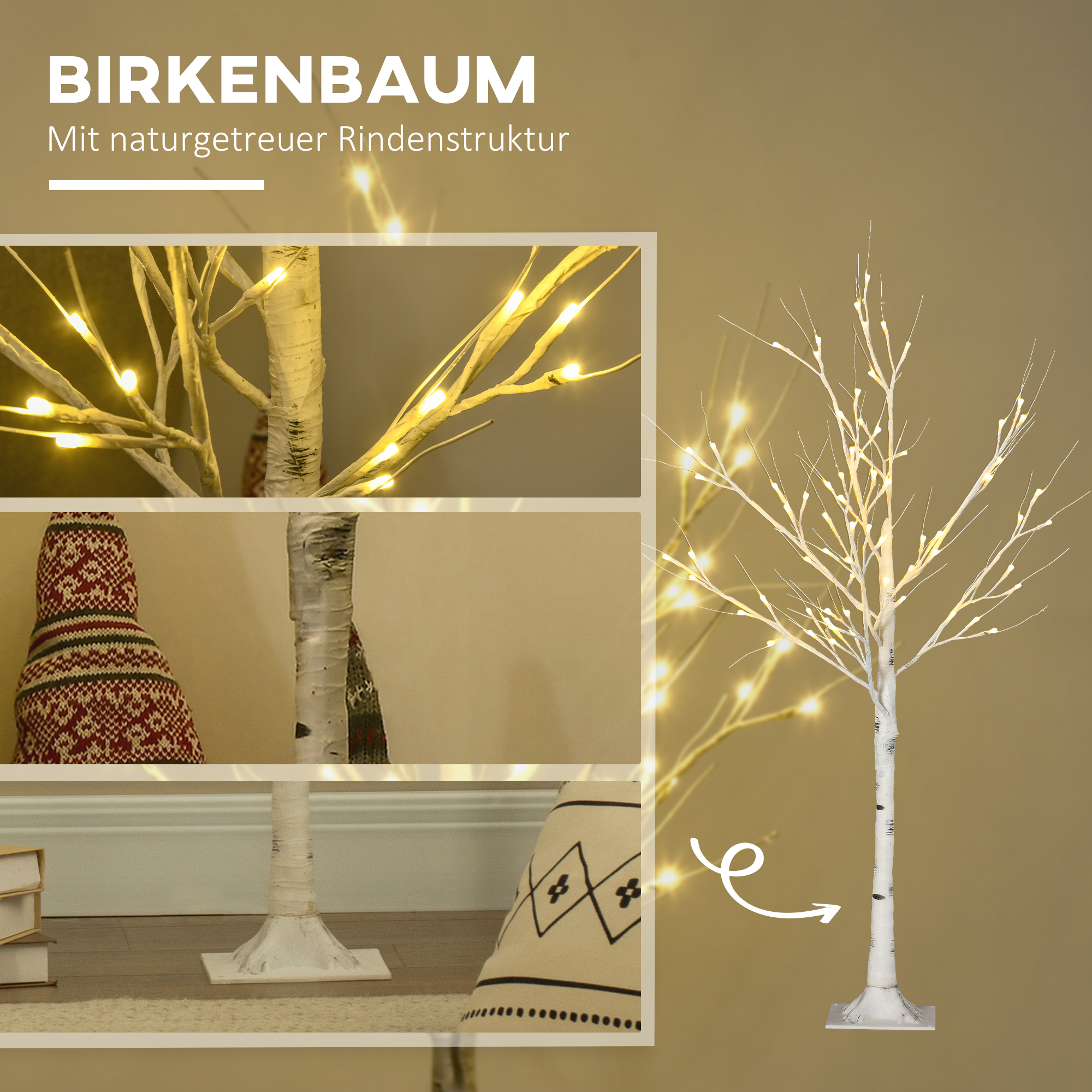 Kunstbaum, Kunstbirke, mit LED-Beleuchtung, warmweiß, realistische, weiße Rinde, 17L x 17B x 120H cm