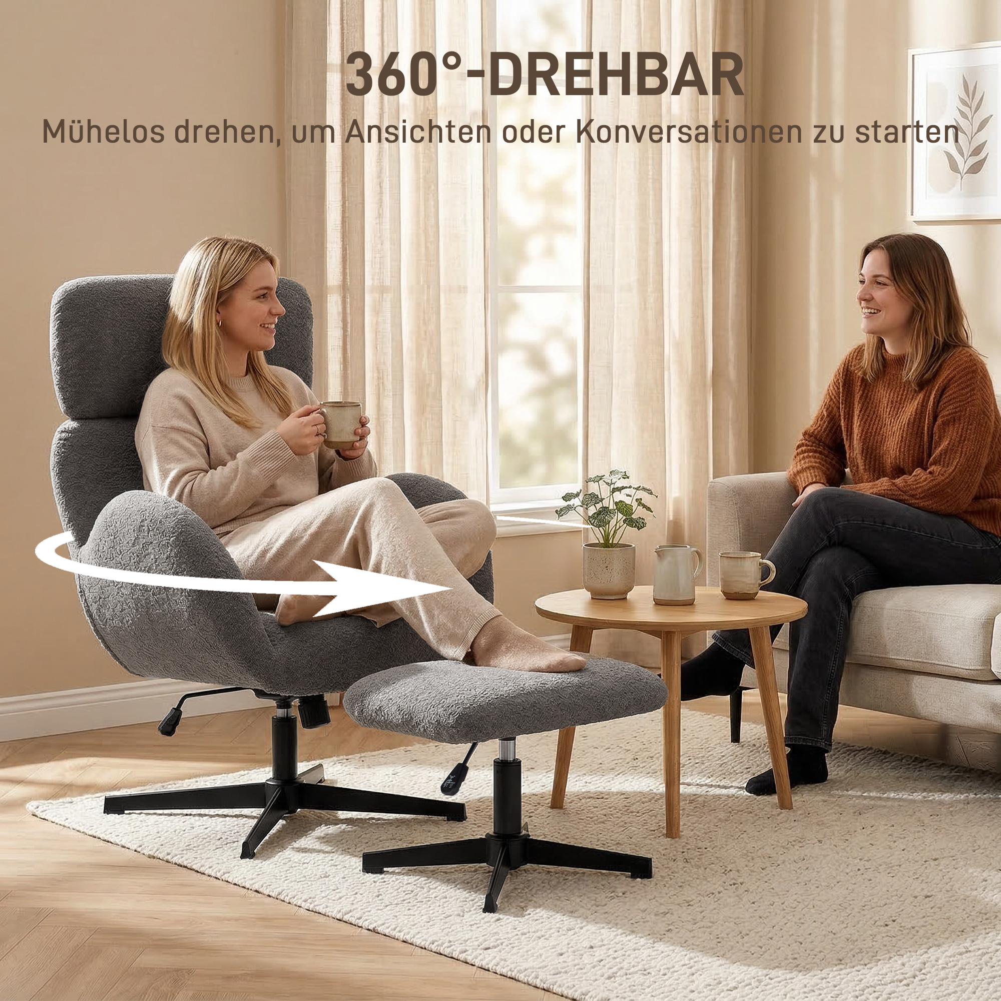 Drehbarer Sessel mit Fußhocker, höhenverstellbarer Akzentstuhl mit verstellbarer Kopfstütze, Schaukel-Funktion, Grau