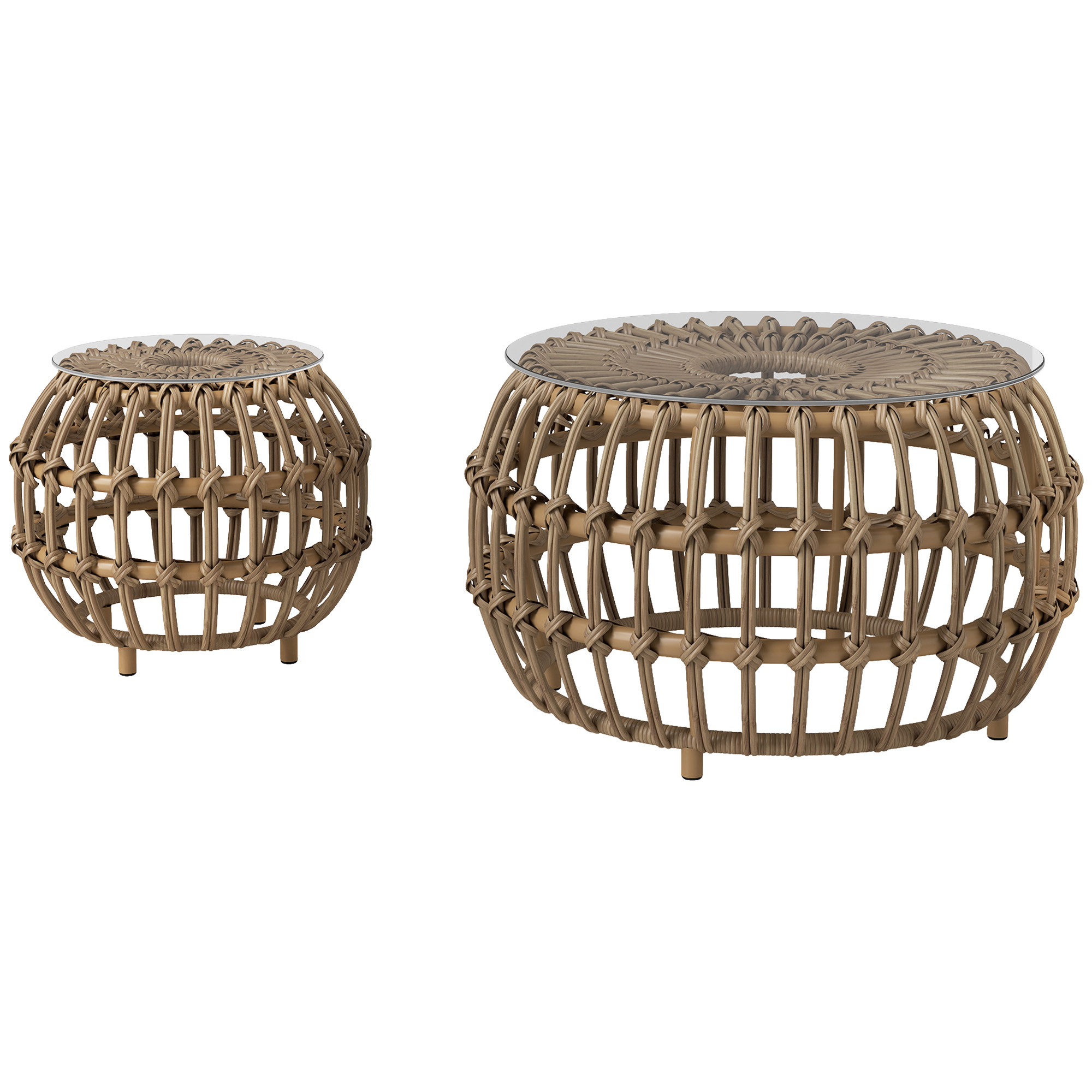 2er Set Beistelltisch Polyrattan Ø66/42 cm rund wetterfest Gartentisch mit Glasplatte Braun
