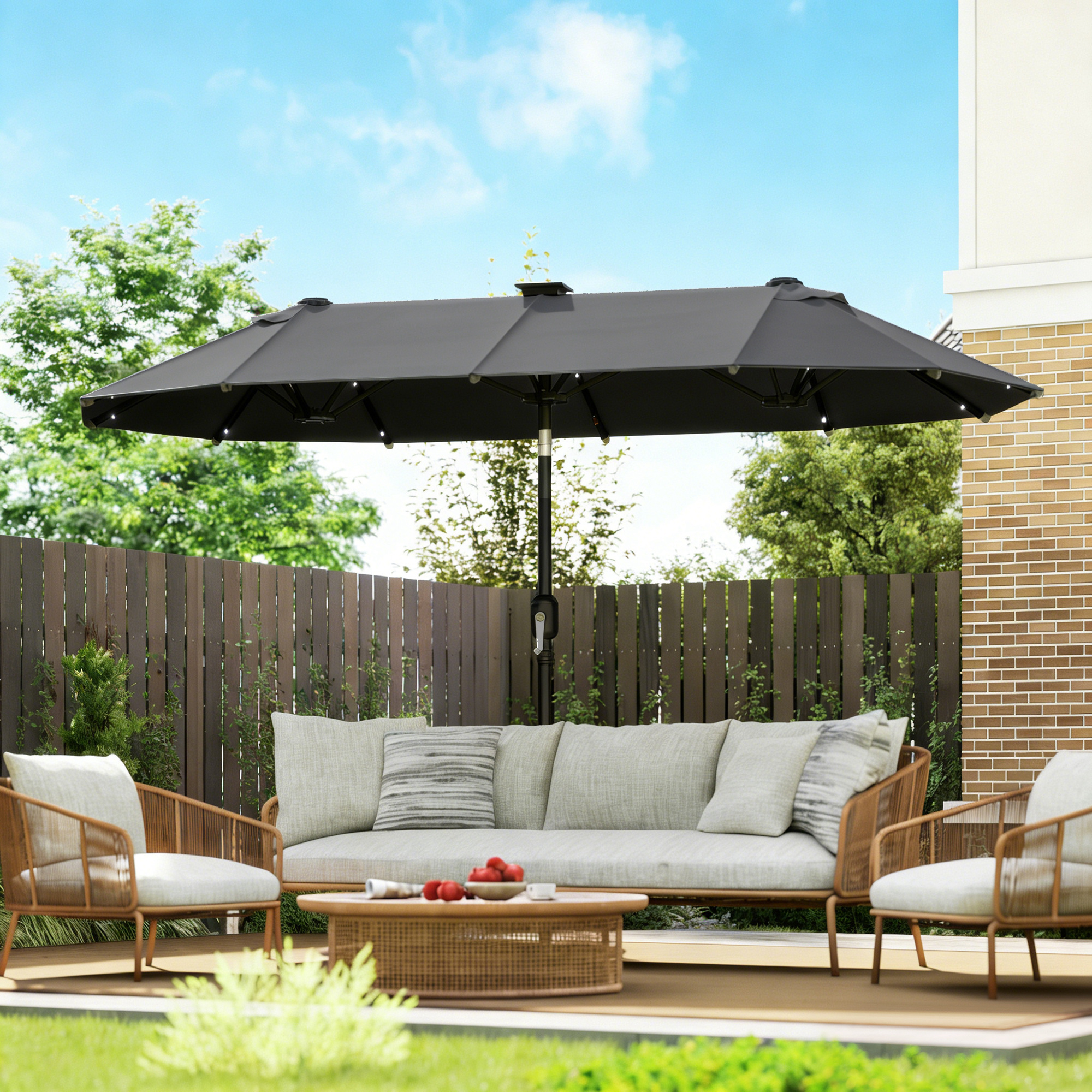Doppelschirm, Terrassenschirm, neigbar, mit Solarpaneel, 35 LEDs, Stahlrahmen, grau, 2,92 x 1,50 x 2,18 m
