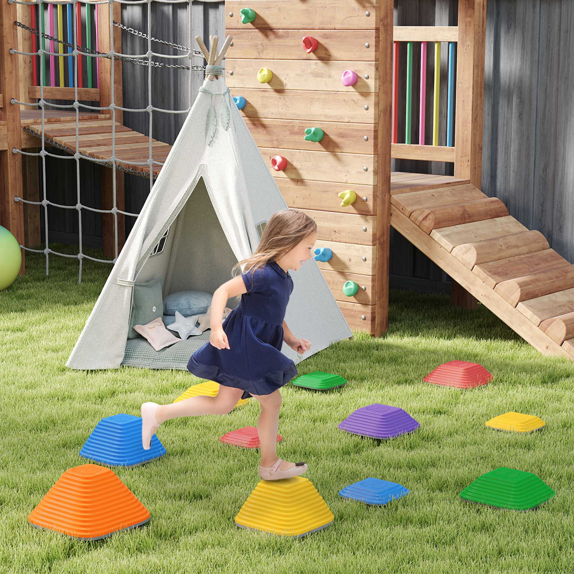 Balance-Trittsteine für Kinder, 11 Teile, Rutschfest, Hindernislauf-Steine, für Motorik-Förderung, Kunststoff, Bunt