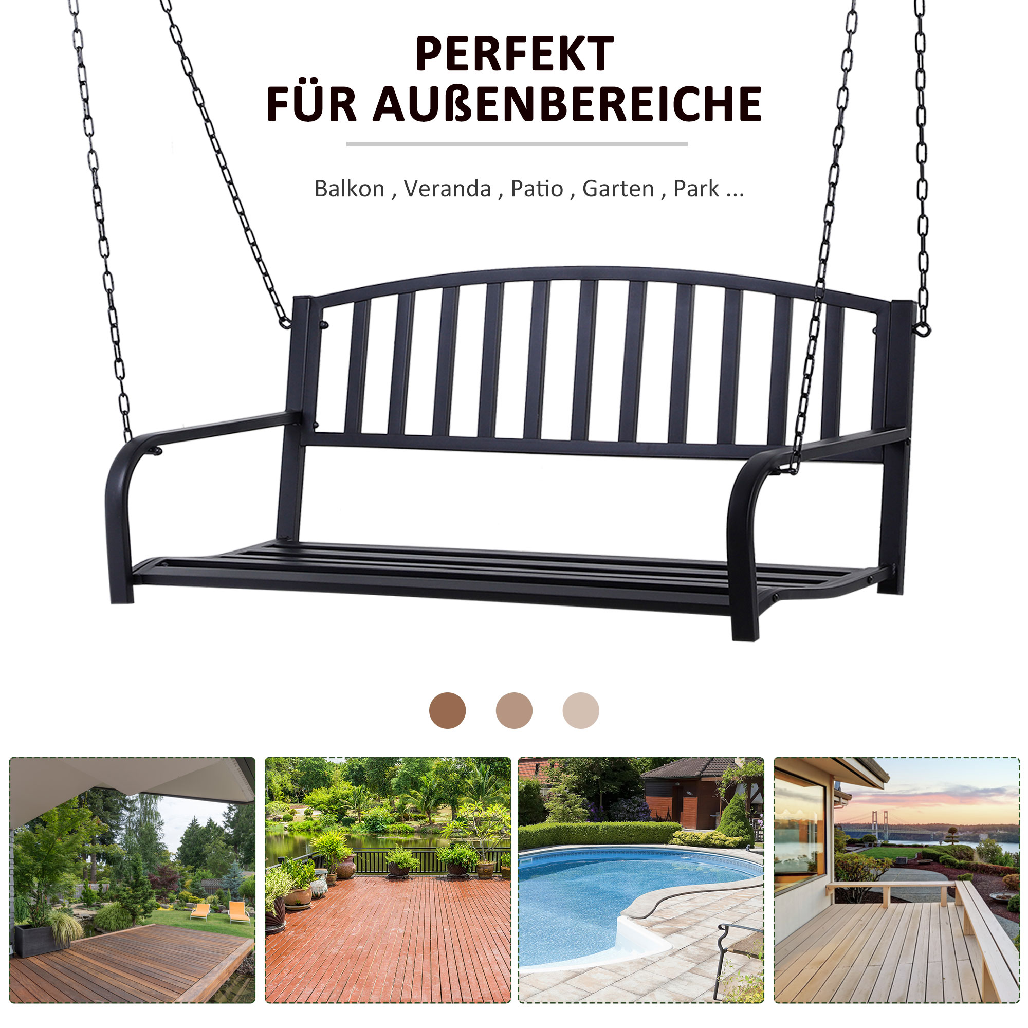 Hängebank 2-Sitzer Gartenschaukel Schaukelbank Hollywoodschaukel Schwebebank mit Ketten Metall Schwarz 127 x 60 x 53 cm