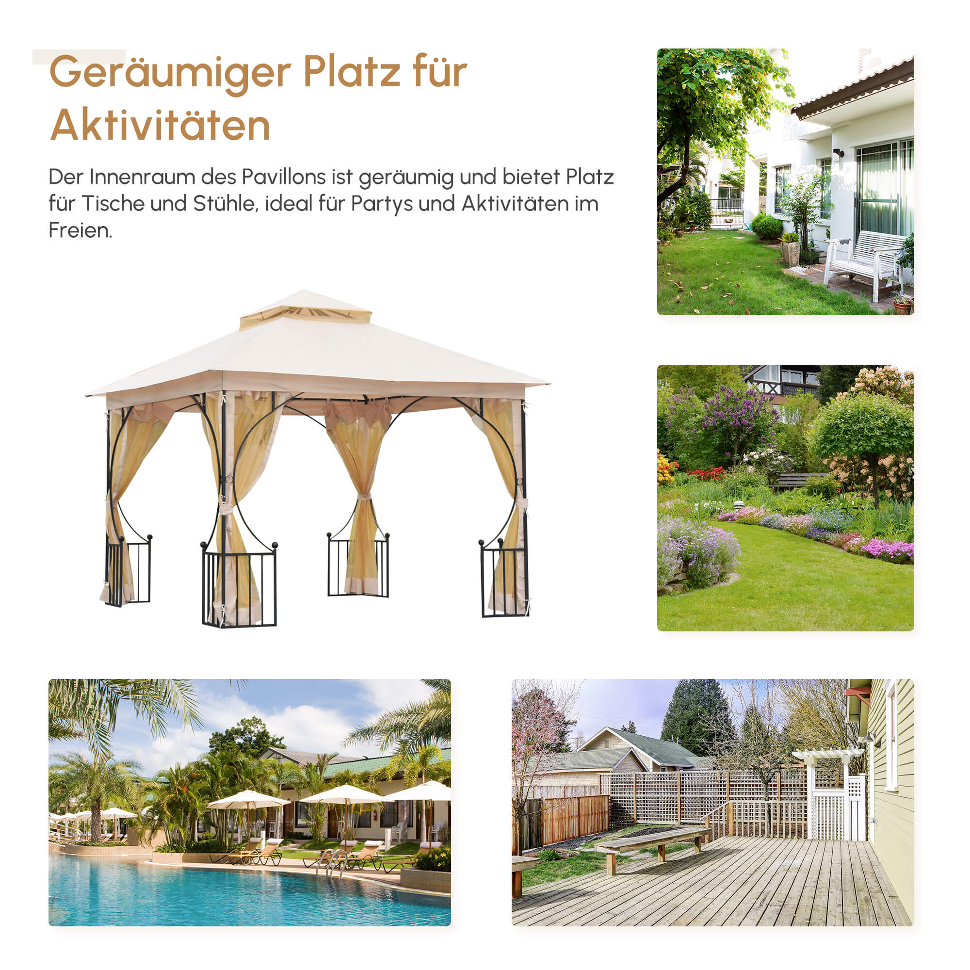Gartenpavillon Gartenzelt,  inkl. Befestigungsmaterial, wetterbeständig, 295 cm x 295 cm x 275 cm. Beige + Schwarz
