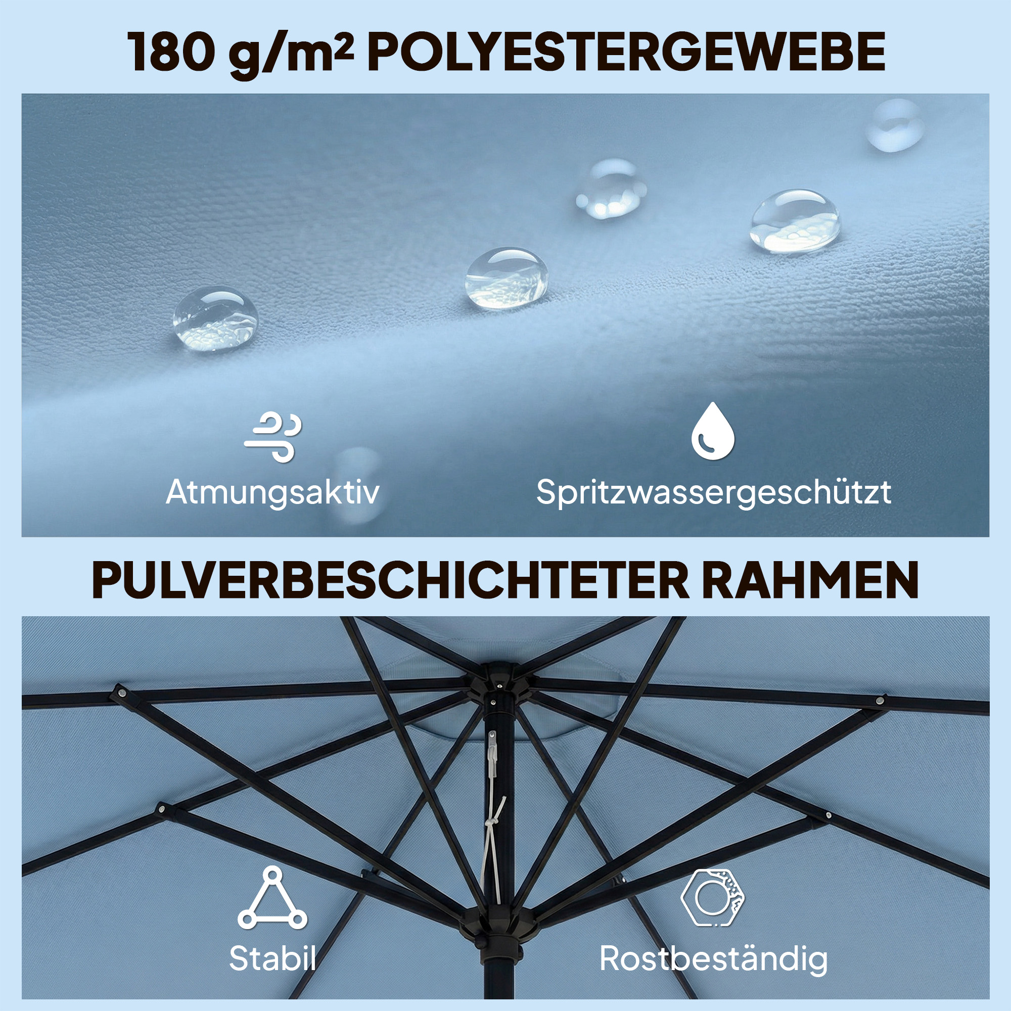Sonnenschirm rund Balkonschirm Strandschirm mit 3-facher Neigung Kurbel 8 Streben Ø265 x 235H cm Himmelblau