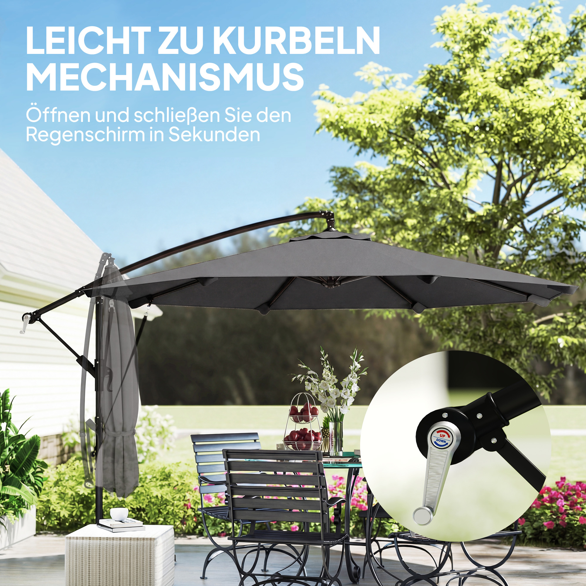 Ampelschirm ca. Ø300 cm Neigbar Sonnenschirm mit Kurbel Kreuzfuß Windseilen Schutzhülle Dunkelgrau