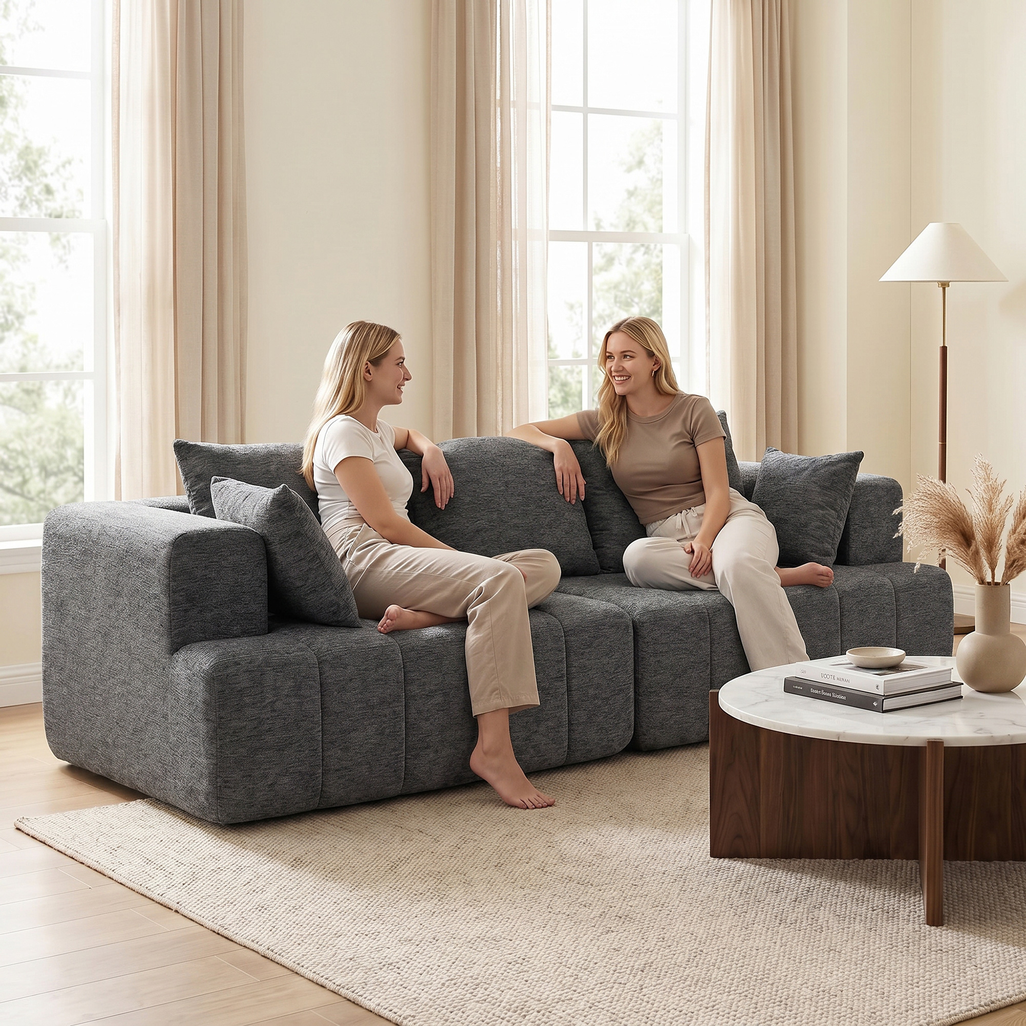 3-Sitzer-Sofa, Cloud-Sofa aus Chenille mit dicker Federkernpolsterung, breiter und tiefer Sitzfläche, breiten Armlehnen, Kissen, grau