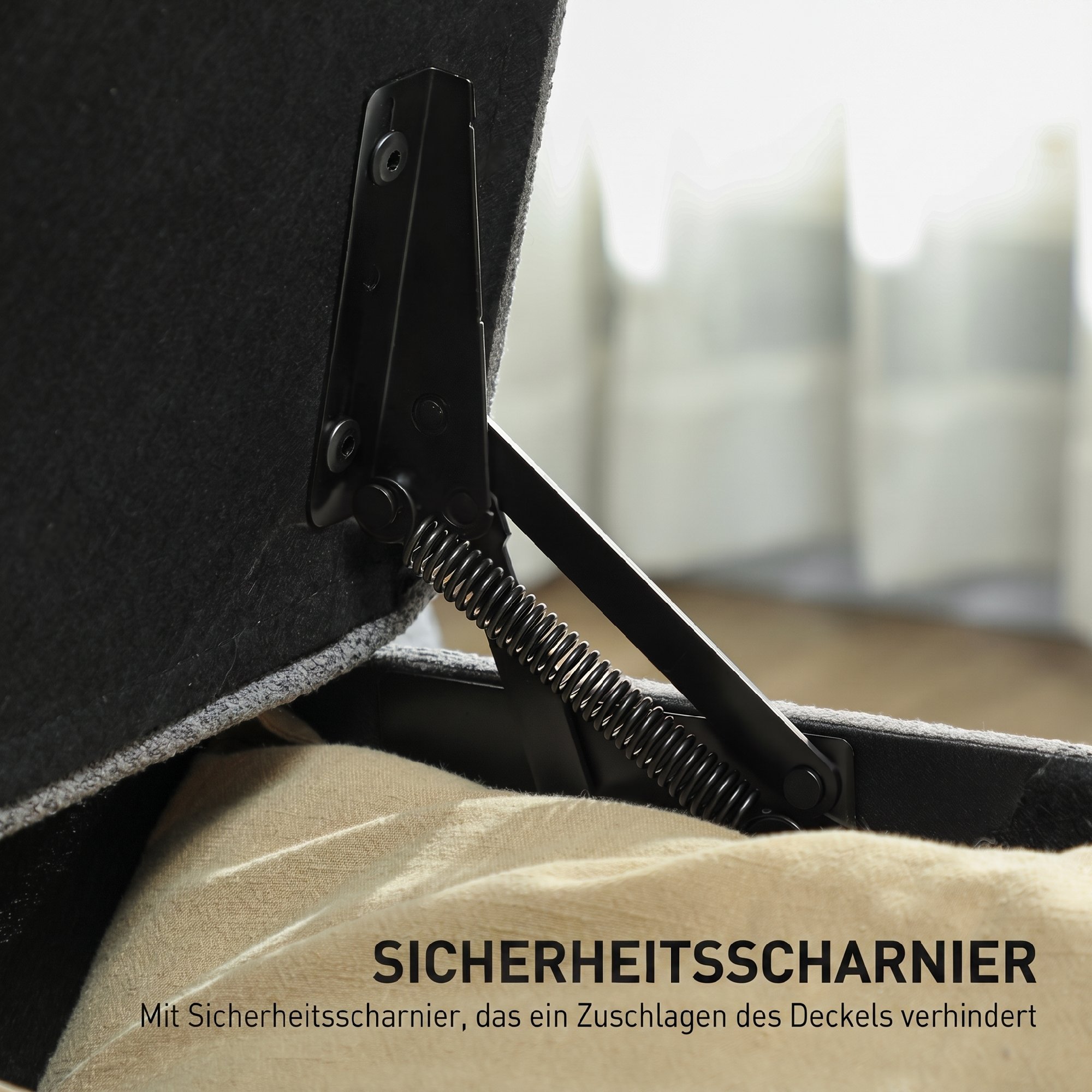 Sitzbank mit Stauraum, Polsterbank 120x40x48 cm mit Sicherheits-Scharniern, Leinenoptik, Dunkelgrau