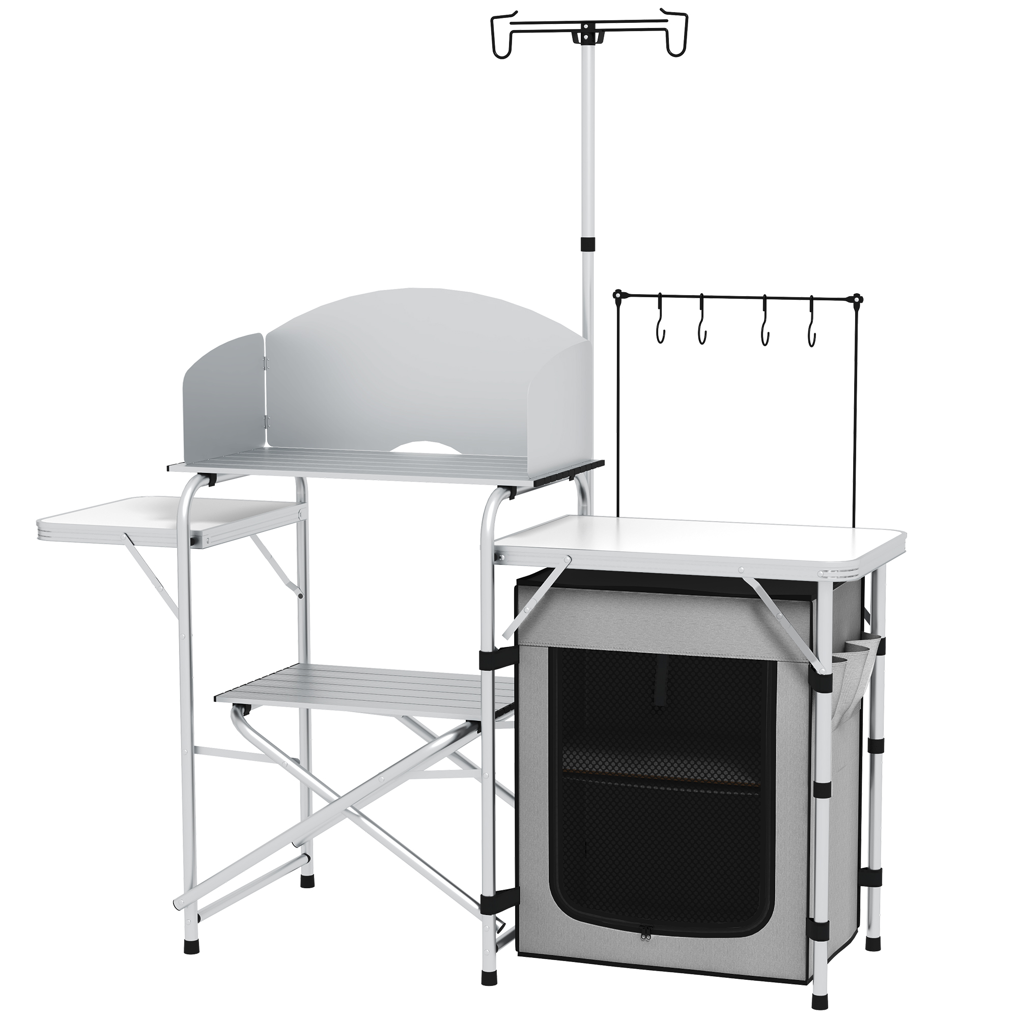 Campingküche, faltbar, 3 Arbeitsplatten, Windschutz, Stoffschrank, 144x48x119cm, Silber