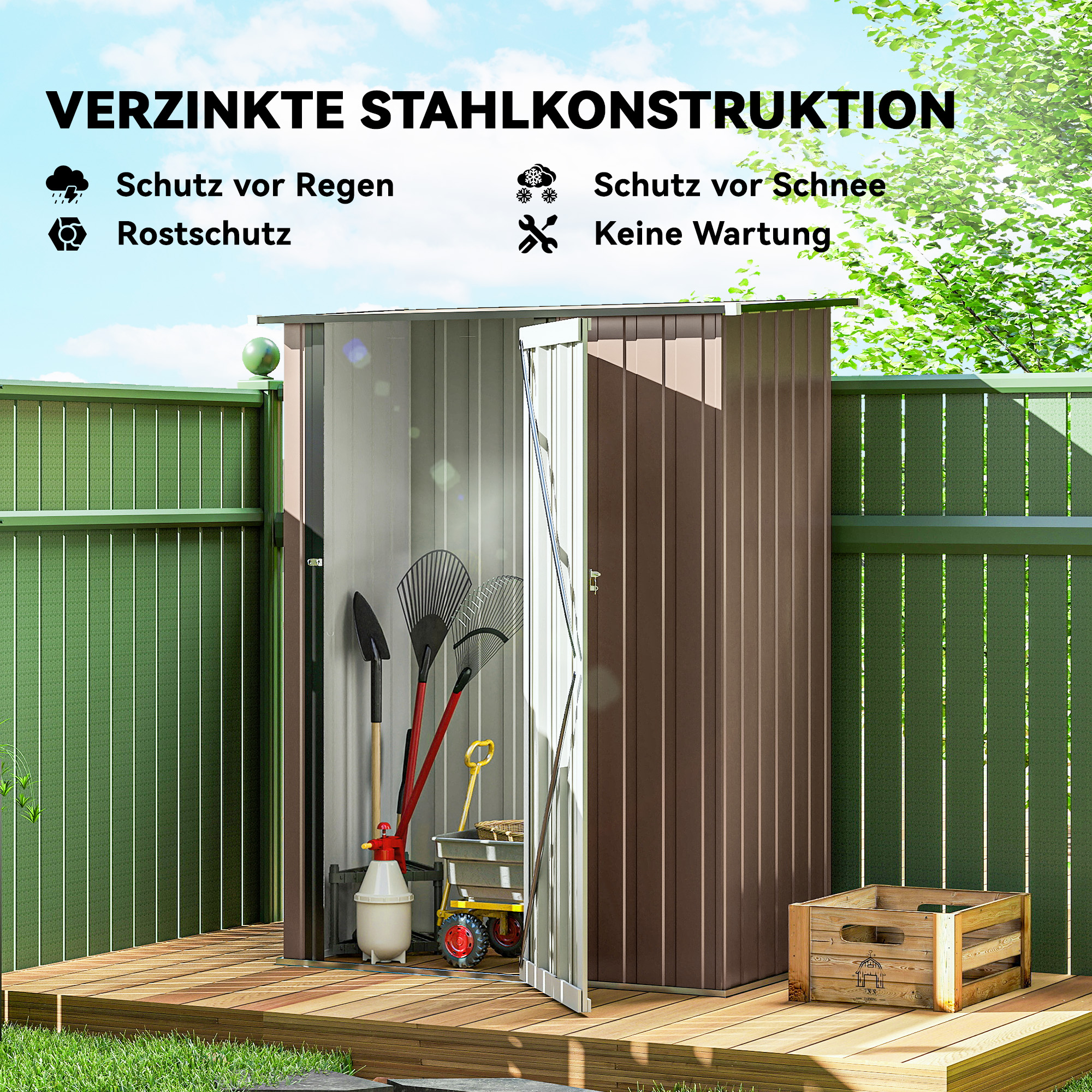 Gerätehaus 1,07 m² mit Schrägdach, 142 x 86 x 189 cm Geräteschuppen mit abschließbar Tür, Gartenhaus, Stahl, Braun