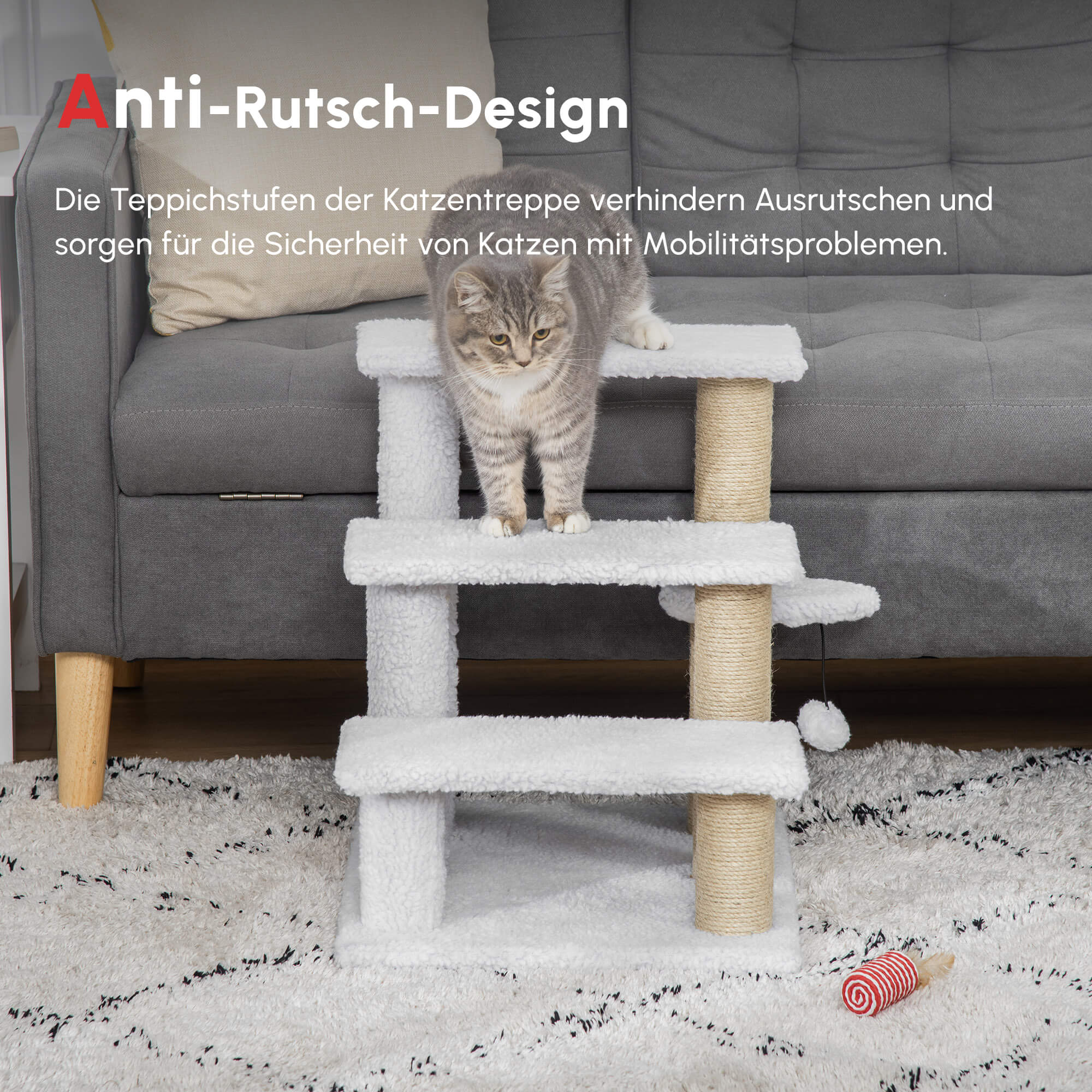 Katzentreppe 3-stufige Haustiertreppe mit Kratzsäulen Ball Hundetreppe Tiertreppe für Katzen bis 5 kg Plüsch Jute Weiß 45 x 40 x 48 cm