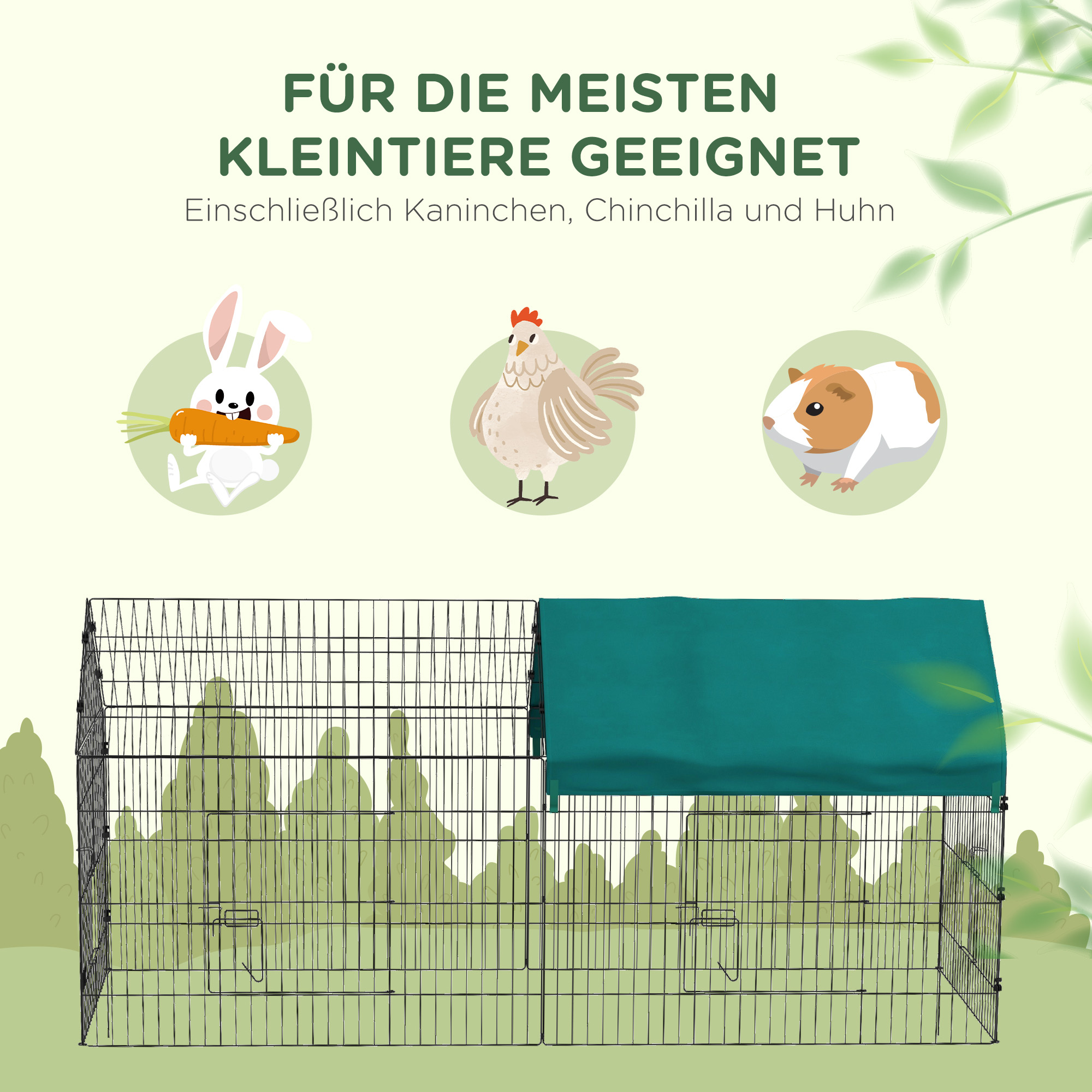 Kleintiergehege mit Dach, 4 Türen, wetterfest, Stahl/Polyester, 220x85x103cm, Grün/Schwarz