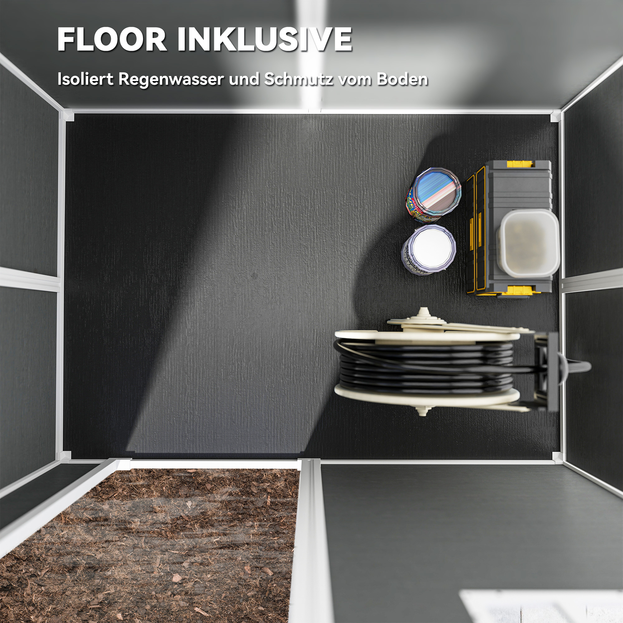 Gartenhaus, Gartenschuppen mit Boden, Fenster, verschließbarer Tür, Kunststoff-Harz, wetterfest, Grau