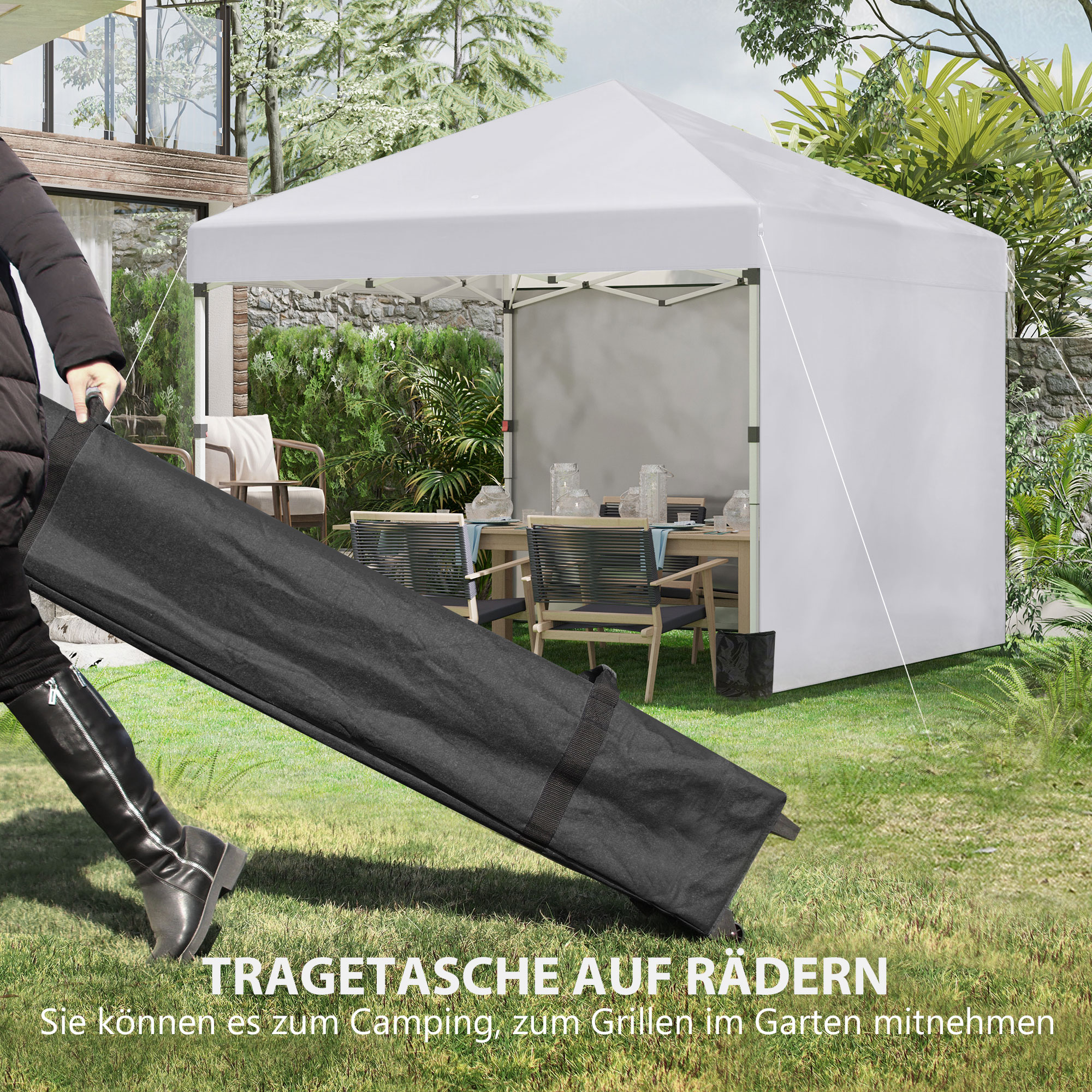 Faltpavillon, 2 Seitenwände, höhenverstellbar, mit Transporttasche, rostfreies Stahlgestell, 3x3 m, Weiß