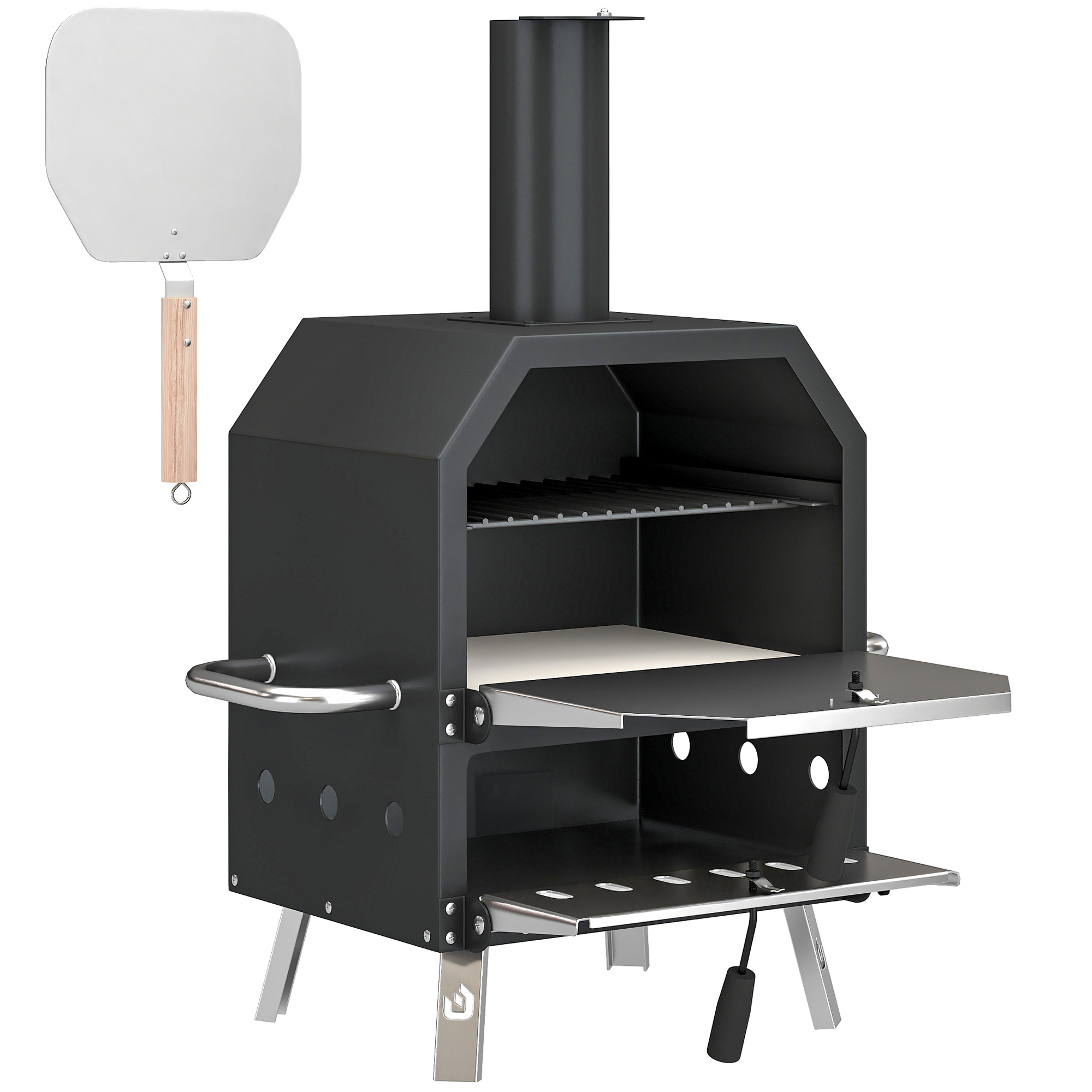 Outdoor Pizzaofen Holzbefeuerter Pizza Ofen Edelstahl 2 Ebene Backofen mit 1cm dick Pizzastein Klappbein