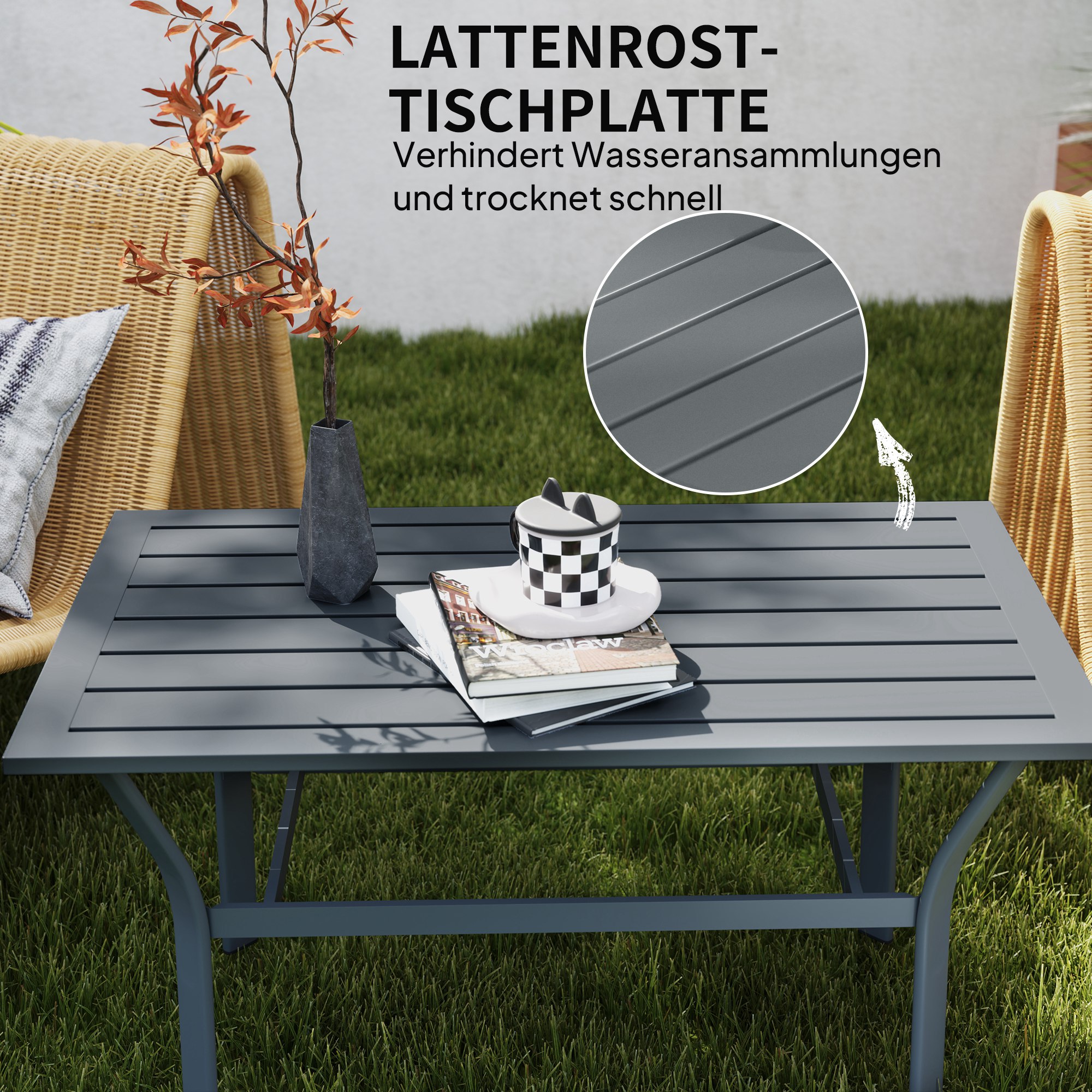 Beistelltisch Metall Balkontisch mit Lamellendesign wetterfest Kaffeetisch Gartentisch 91,5 x 55 x 45 cm Dunkelgrau