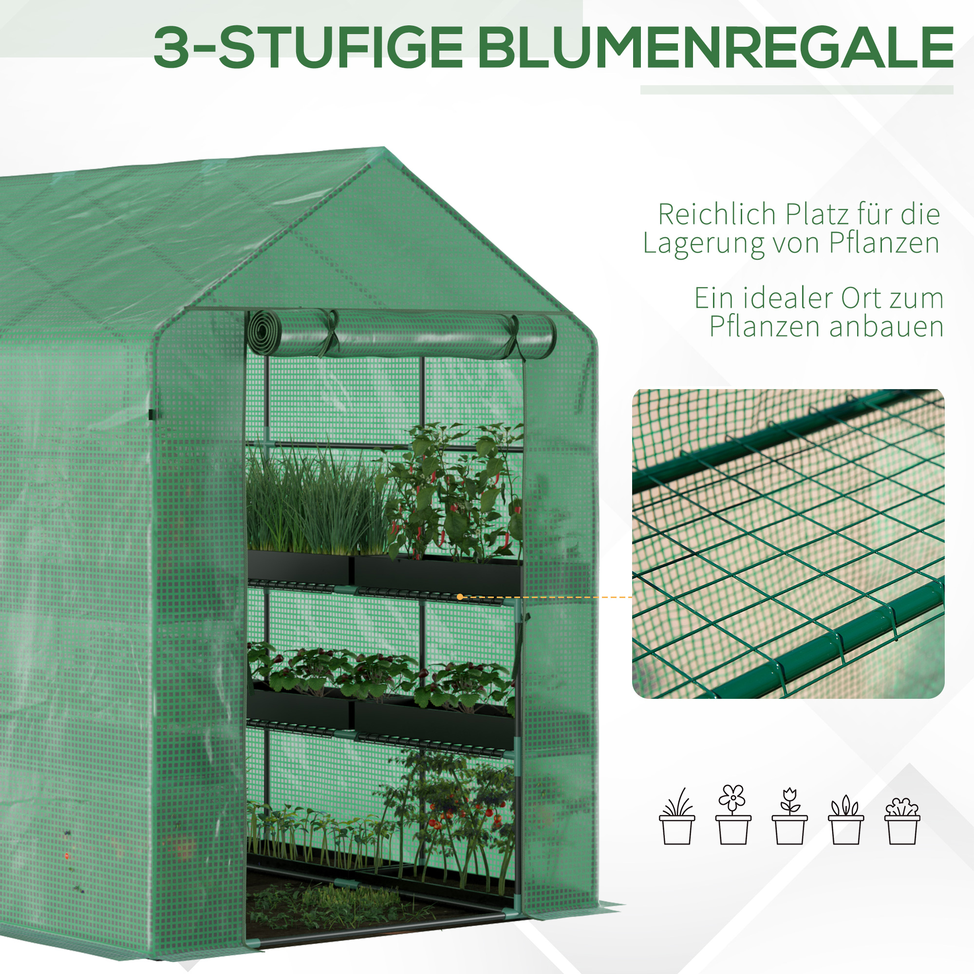 Foliengewächshaus begehbares Gewächshaus mit 8 Regalebenen Tomatengewächshaus Treibhaus Frühbeet mit Tür Grün Stahl PE-Kunststoff 214 x 143 x 195 cm
